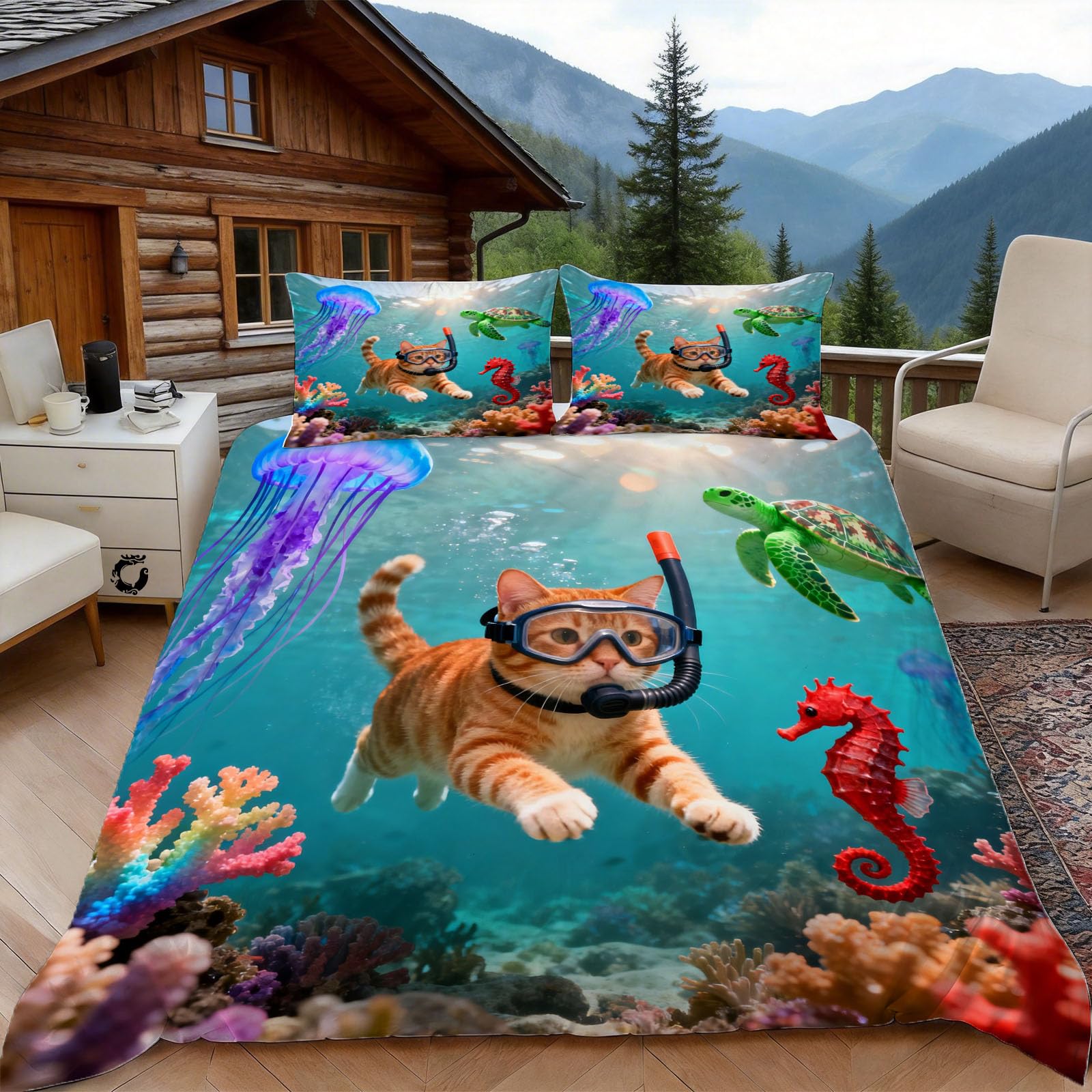Housse de couette 220x240 chat finie la couette qui glisse parure lit double microfibre zippée corail