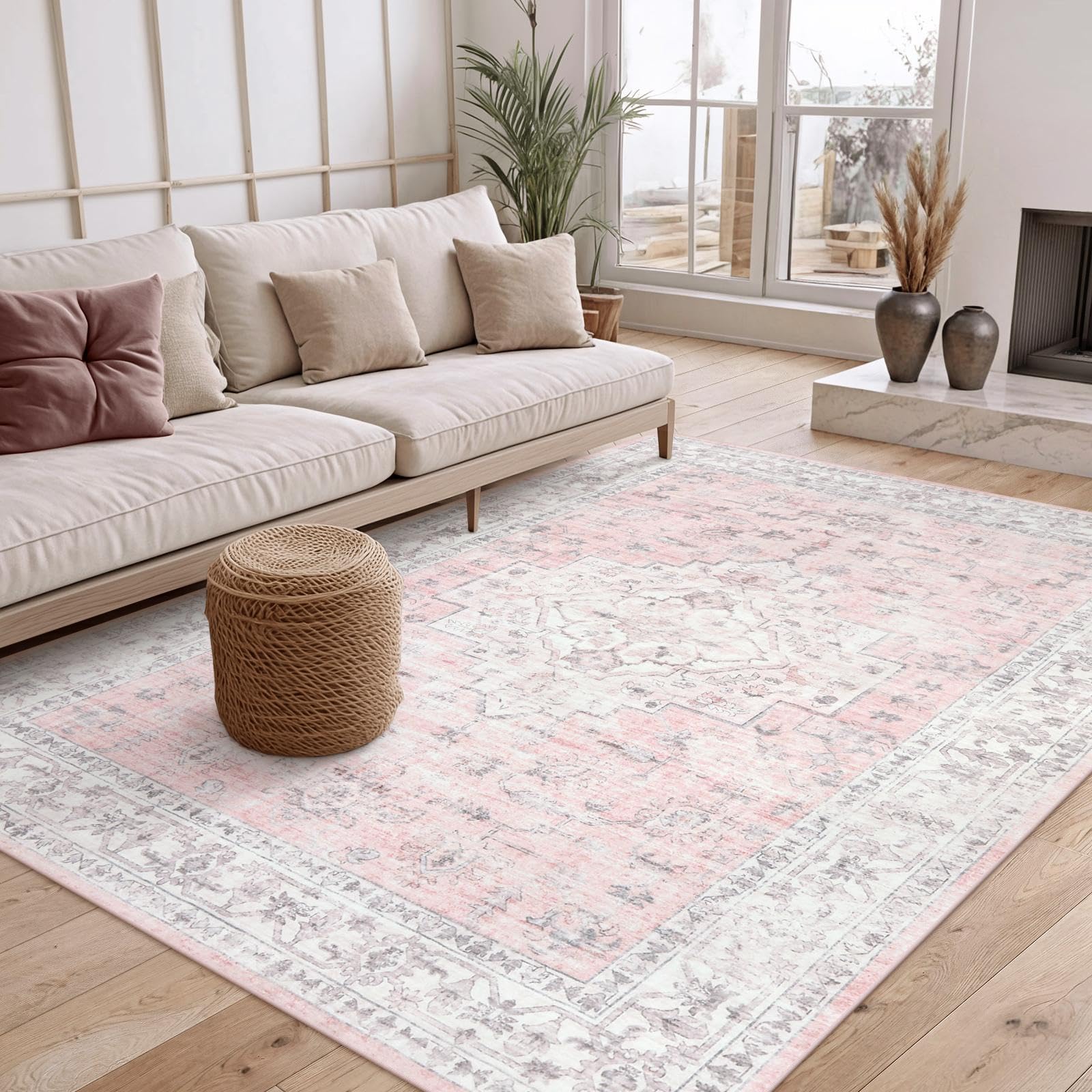 LIVEBOX Pink 5x7 Area Rug for Bedroom Girls, Boho Washable Rugs for Living Room Nursery, Non-Slip Indoor Soft Carpet Low-Pile Farmhouse Carpets for