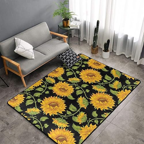 Alfombra de girasol de 60 x 39 pulgadas, alfombra de área floral moderna para sala de estar y dormitorio, decoración de girasol amarillo floral negro