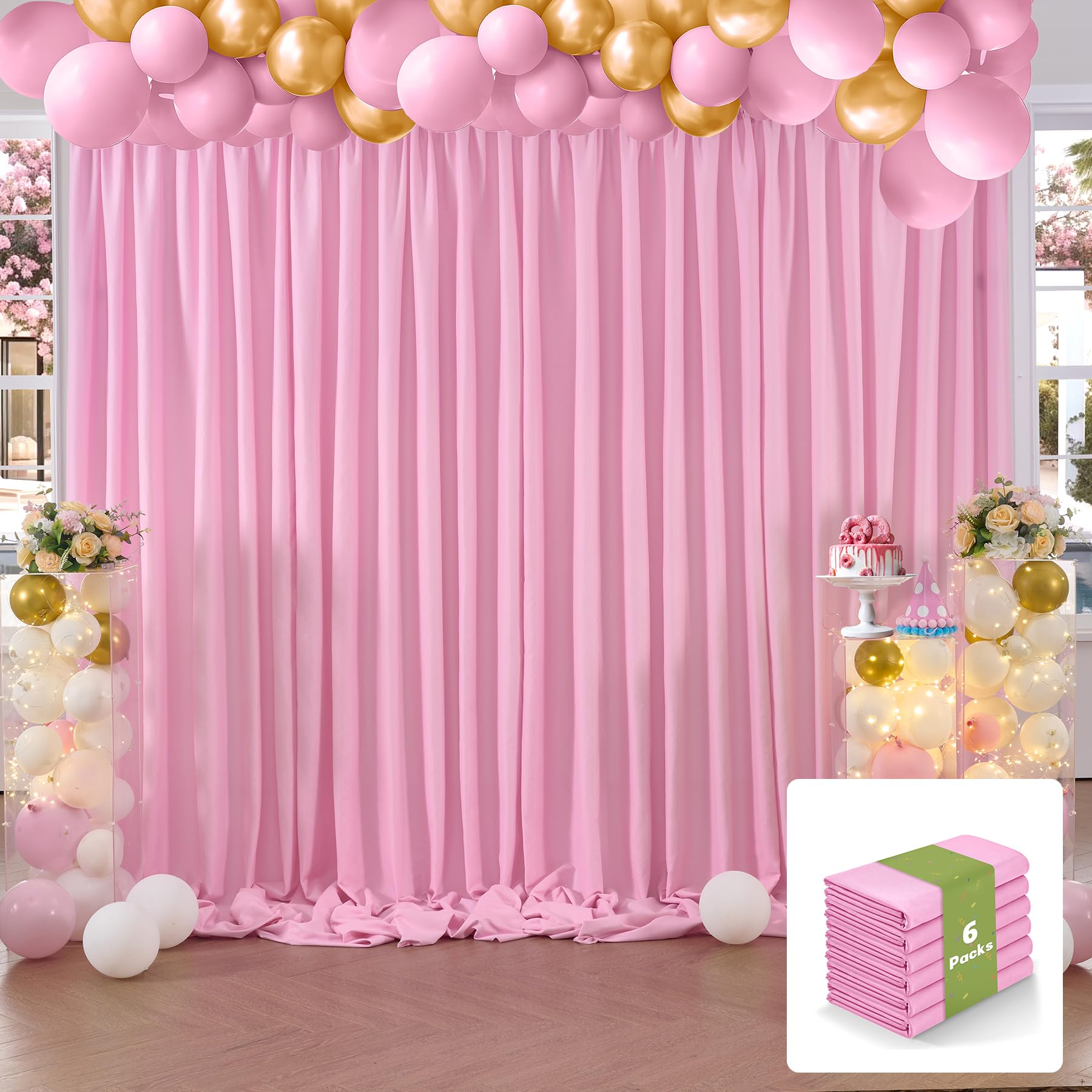 30x10FT Pink Backdrop Curtains for Party, 6 Panels 5x10FT Thick Polyester Backdrop Drapes, Wrinkle Resistant Photography Background Drapes for Wedding