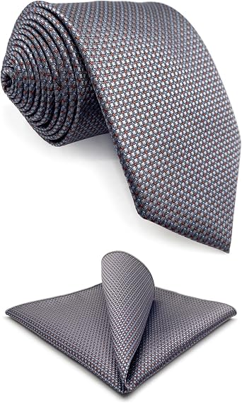 S&W SHLAX&WING Necktie Set for Men Grey Tie Hanky Silver Red for Big and Tall XL
