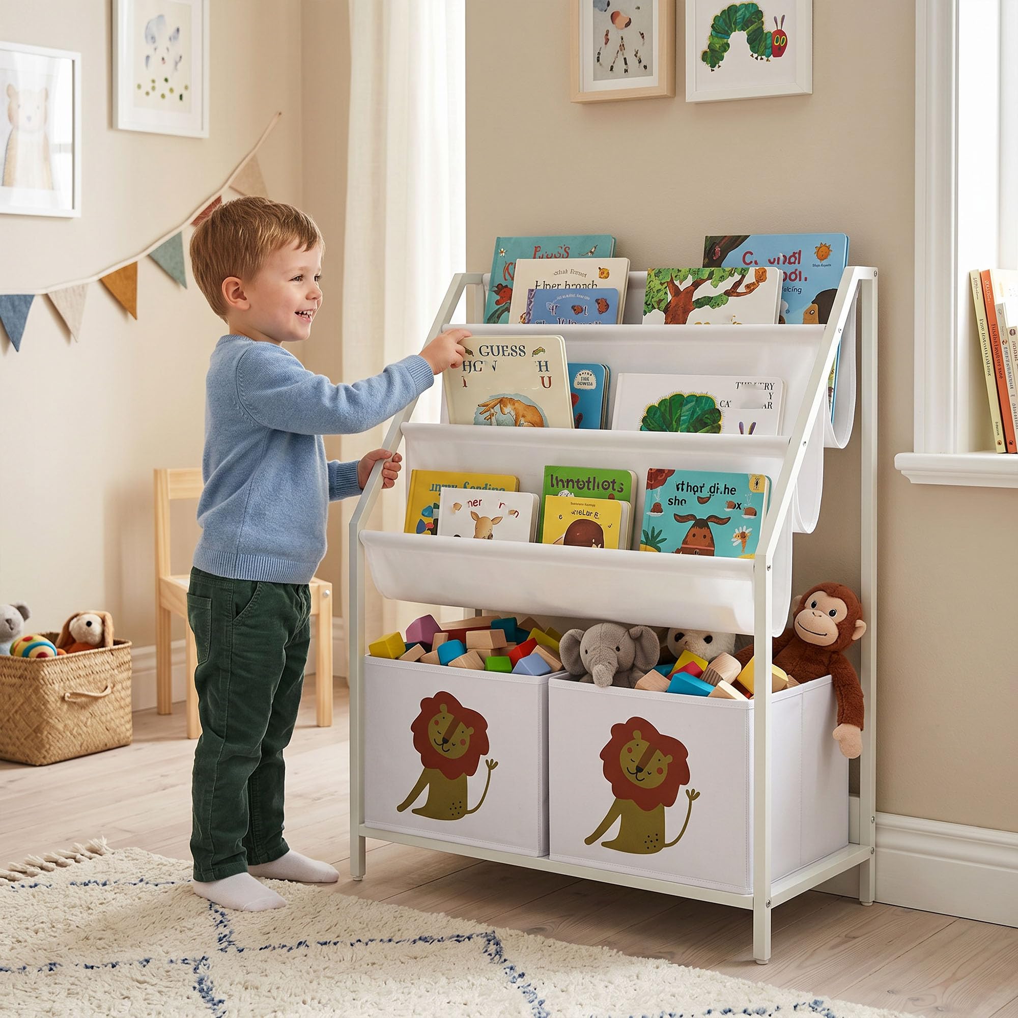AIYAPLAY Librería Infantil de 4 Niveles Montessori Niños 76 cm Blanco | Estantería para Libros, 3 Estantes, 2 Cajones de Tela, Diseño de León, Sala de Juegos, Dormitorio, Guardería