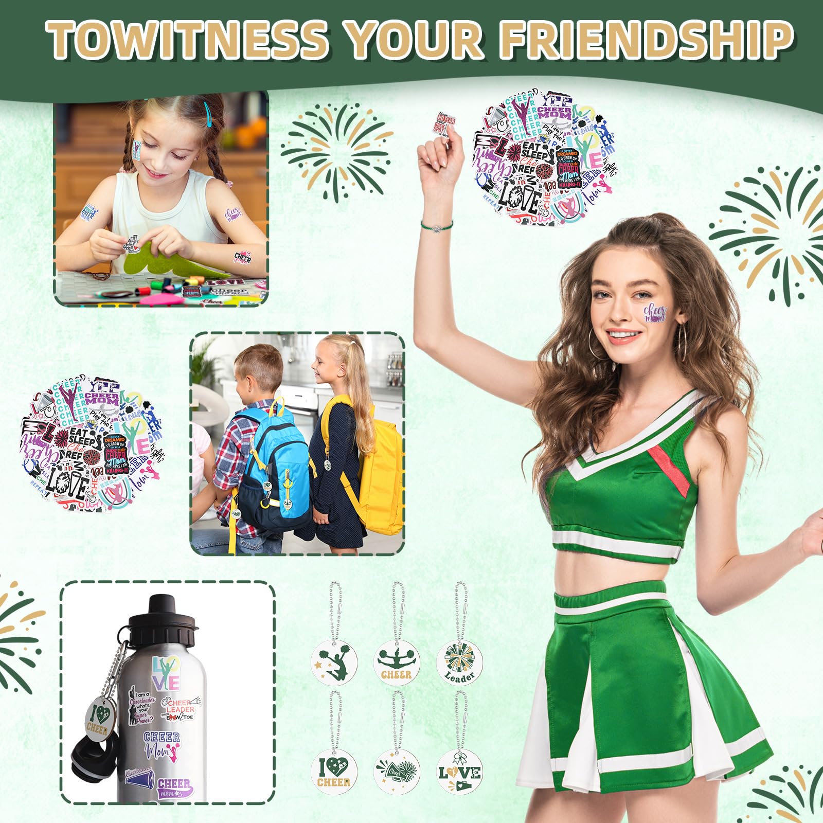 Lyrow 160 szt. Prezenty dla cheerleaderek luzem dla drużyny Cheer Scrunchies opaski do włosów kosmetyczka Cheer Mirror bransoletka brelok naklejka