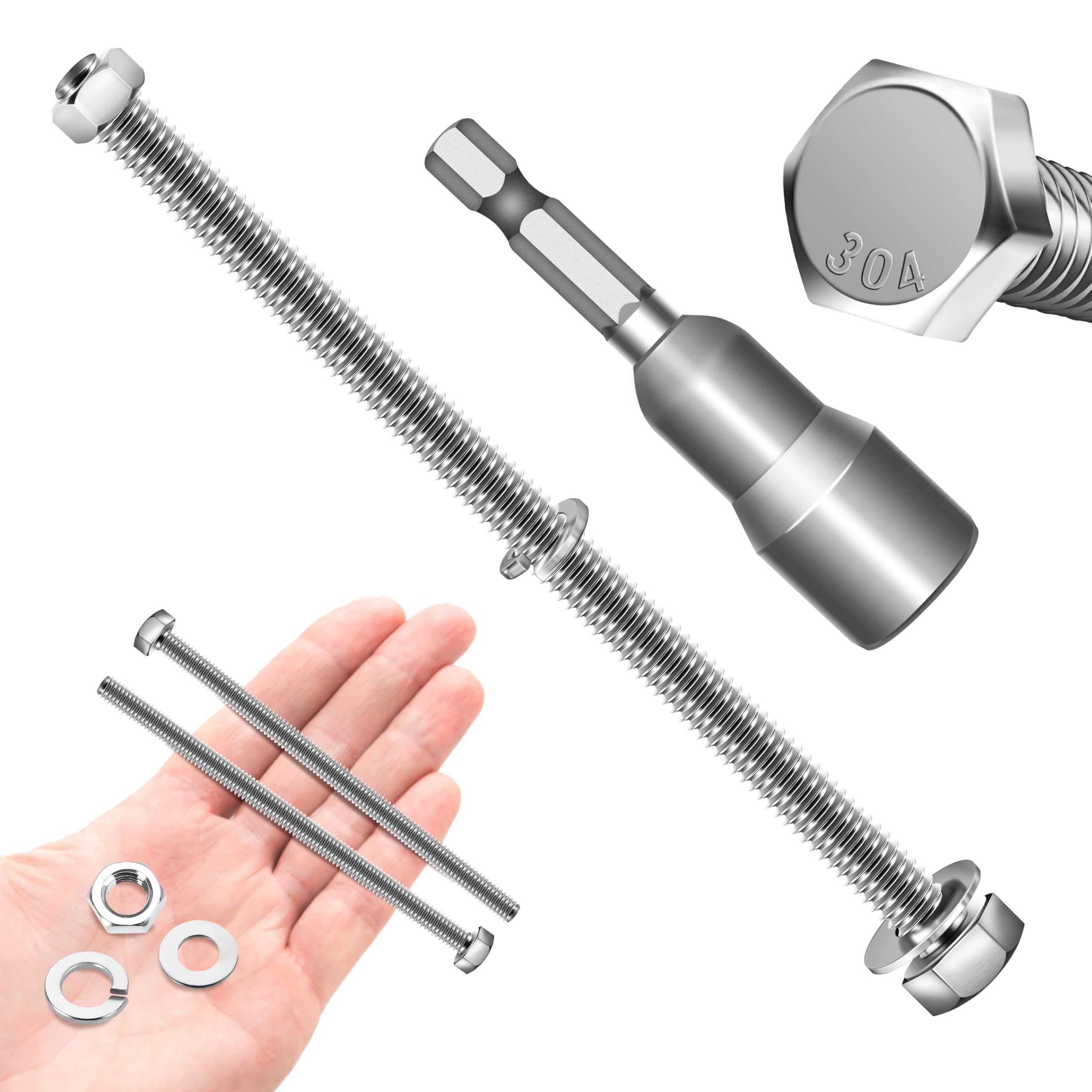 (6 Sets) 5/16-18 x 5", 5/16 Bolt Hex Head Screws Nuts and Bolts Kit with 5/16 Stainless Steel Bolts, Nuts Bolts Washers Assortment, Fully Threaded by