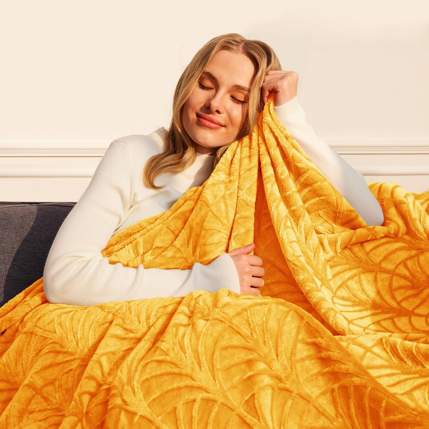 Whale Flotilla Flannel Fleece Queen Size Blanket for Bed, Soft Fluffy Velvet Bedspread Coverlet with Decorative Vintage Pattern for All Season, Warm and Lightweight, 90x90 Inch, Lemon Yellow - Image 2