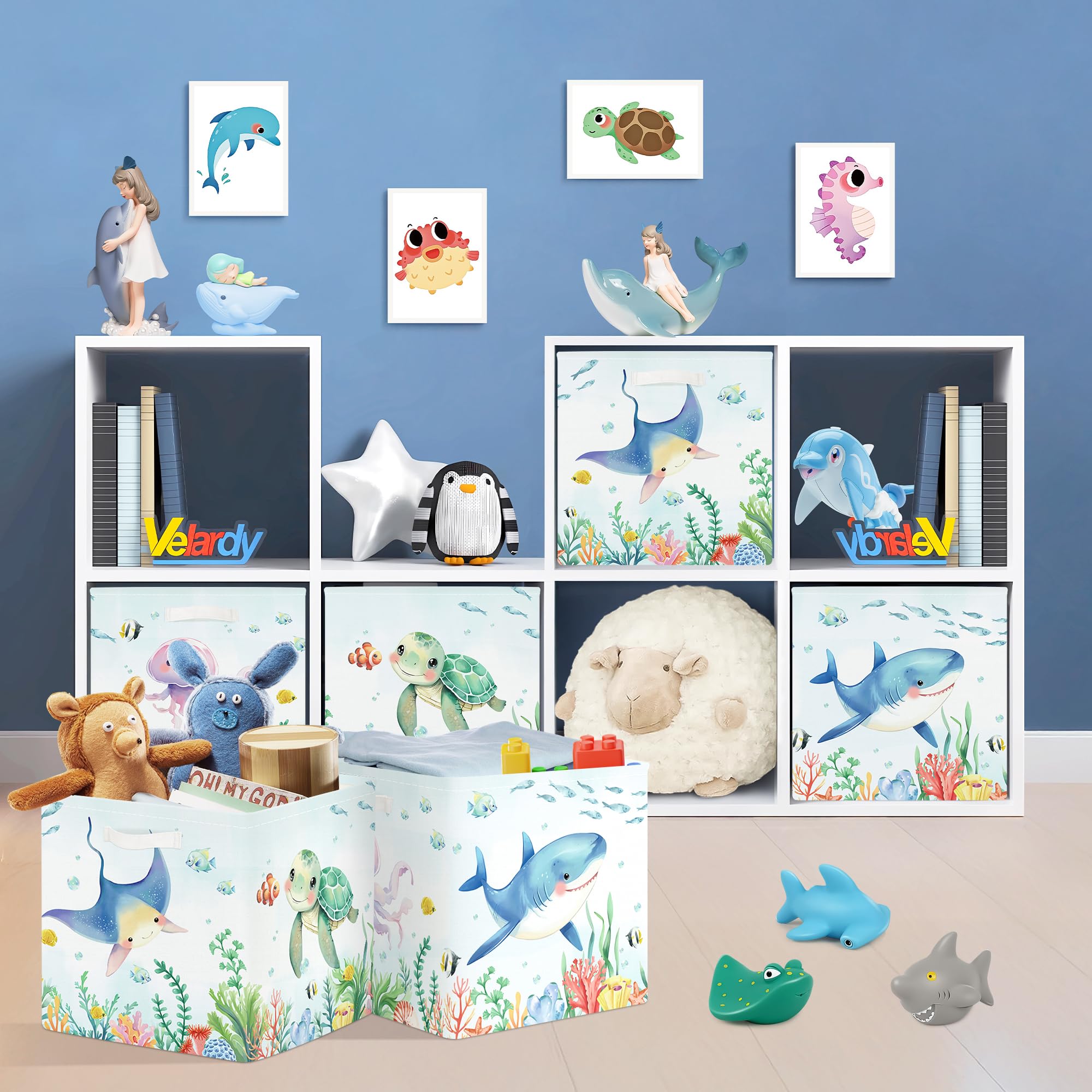 HUUMONSS 11.8" Marine Animals Storage Cube Organizer Set 3Pcs Clothes Storage Basket Bin for Home Ocean Sharks Turtles Kid Book Toy Chest - Image 3