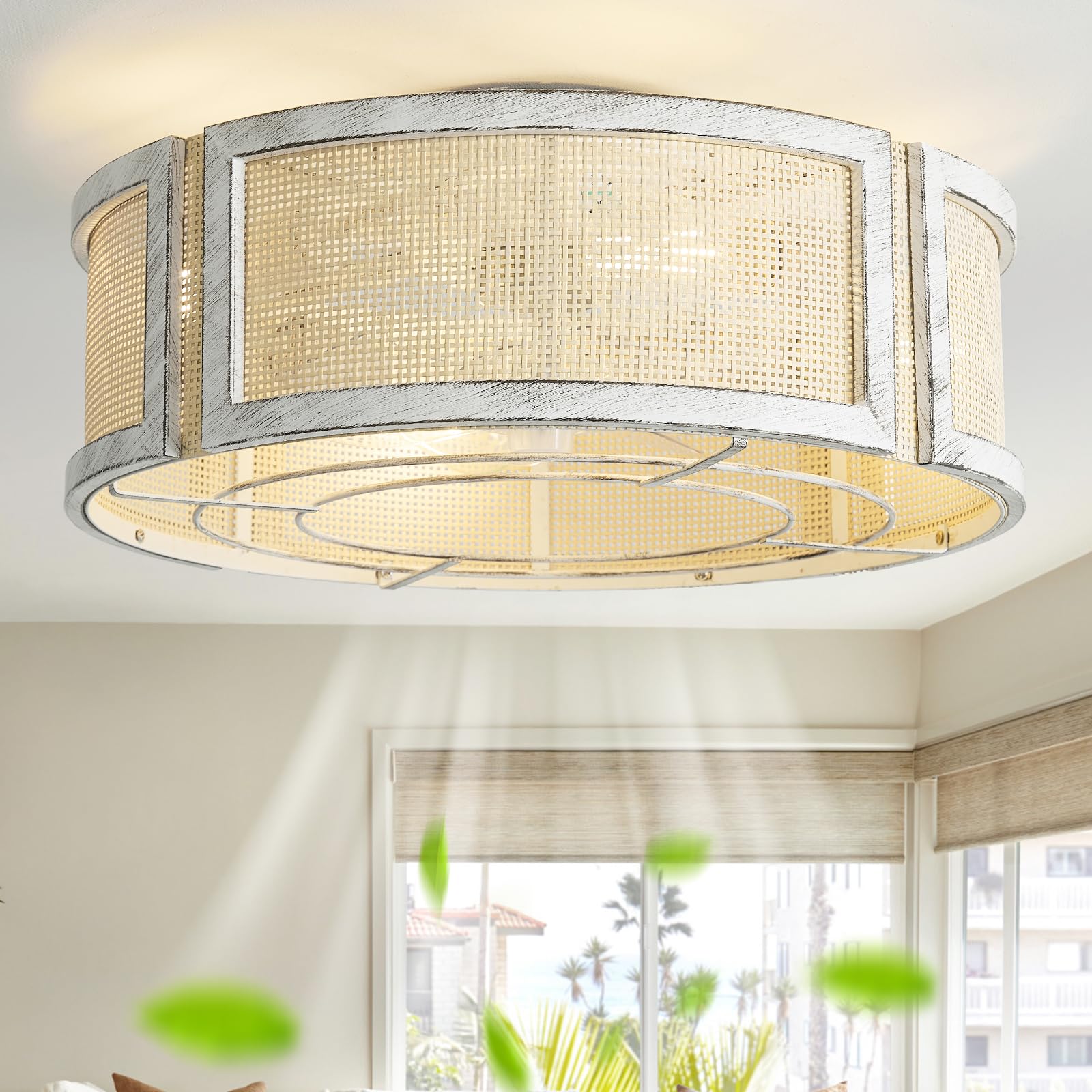 Phrylix 20" Boho Ceiling Fans with Lights, Rattan Flush Mount Ceiling Fan with Light Remote Control with Caged 6 Speeds for Bedroom, Nursery, Living