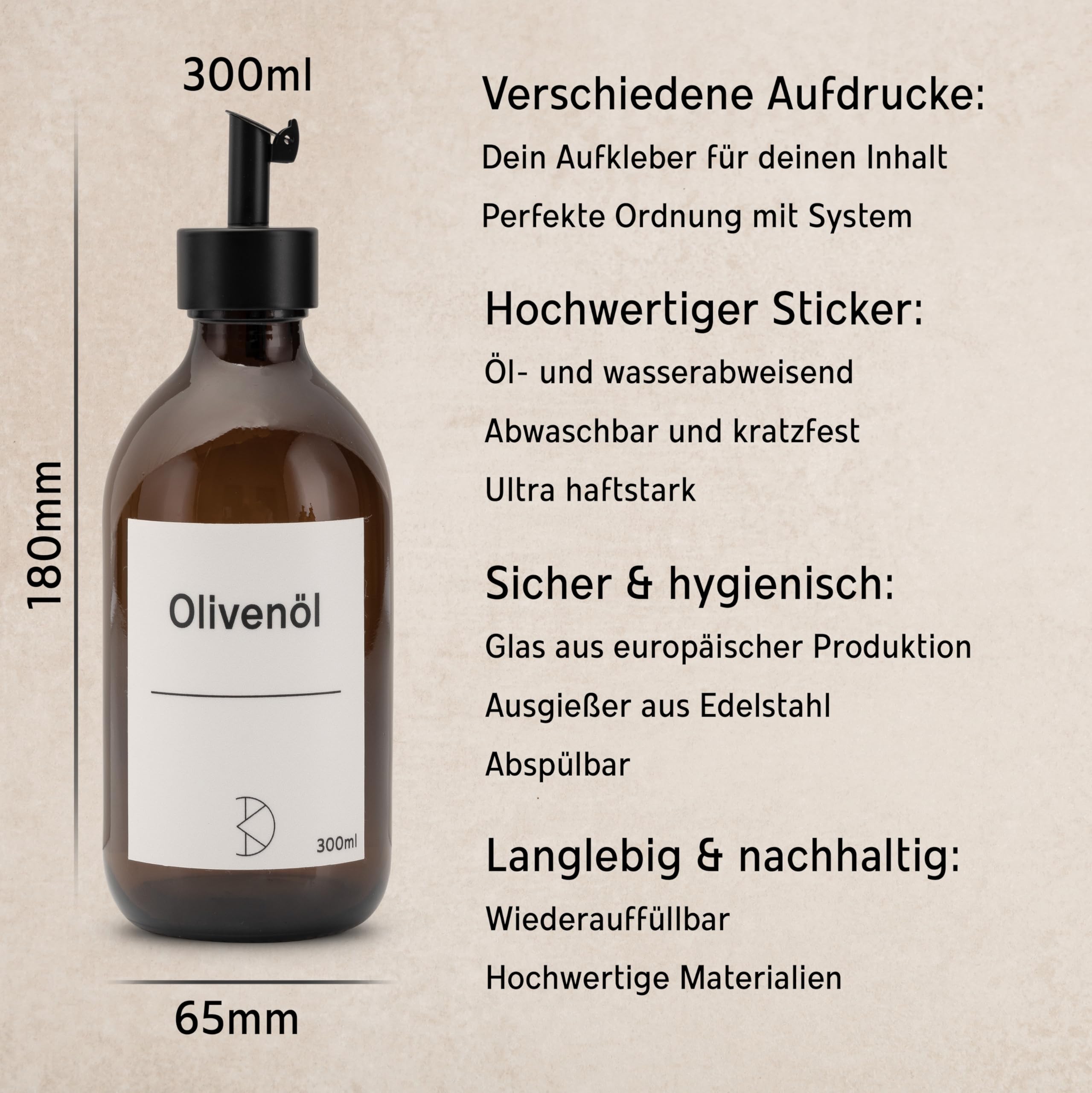 6 botellas de aceite para rellenar, dispensador de aceite moderno de cristal ámbar con boquilla de acero inoxidable, dispensador de aceite, vinagre y balsámico, diferentes pegatinas, 300