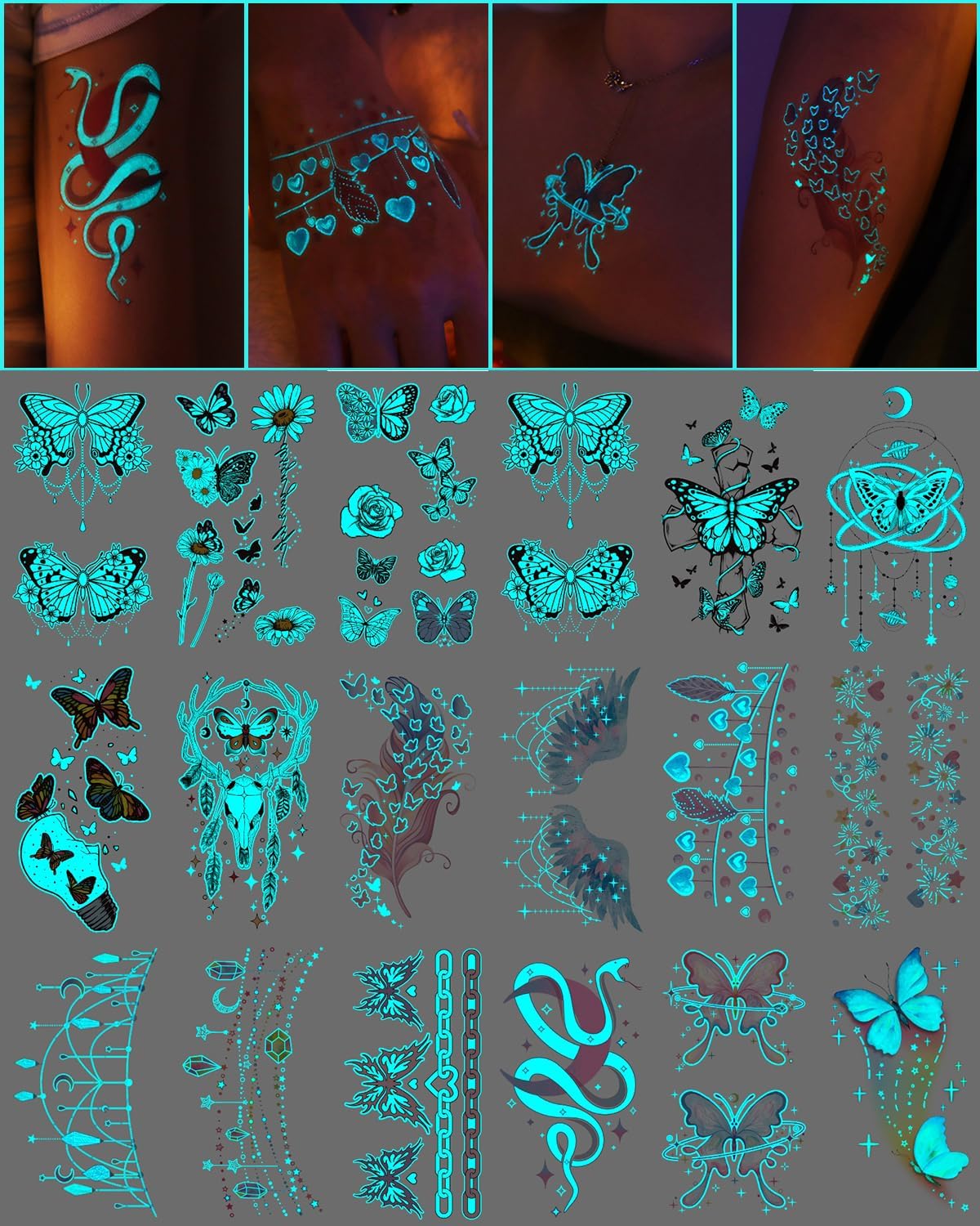 20 Sheets Glow In The Dark Butterfly Temporary for Women Girls, Luminous Flower Butterflies Wings Kids Fake Stickers Art Makeup Waterproof for Face Body Arm Party Favors