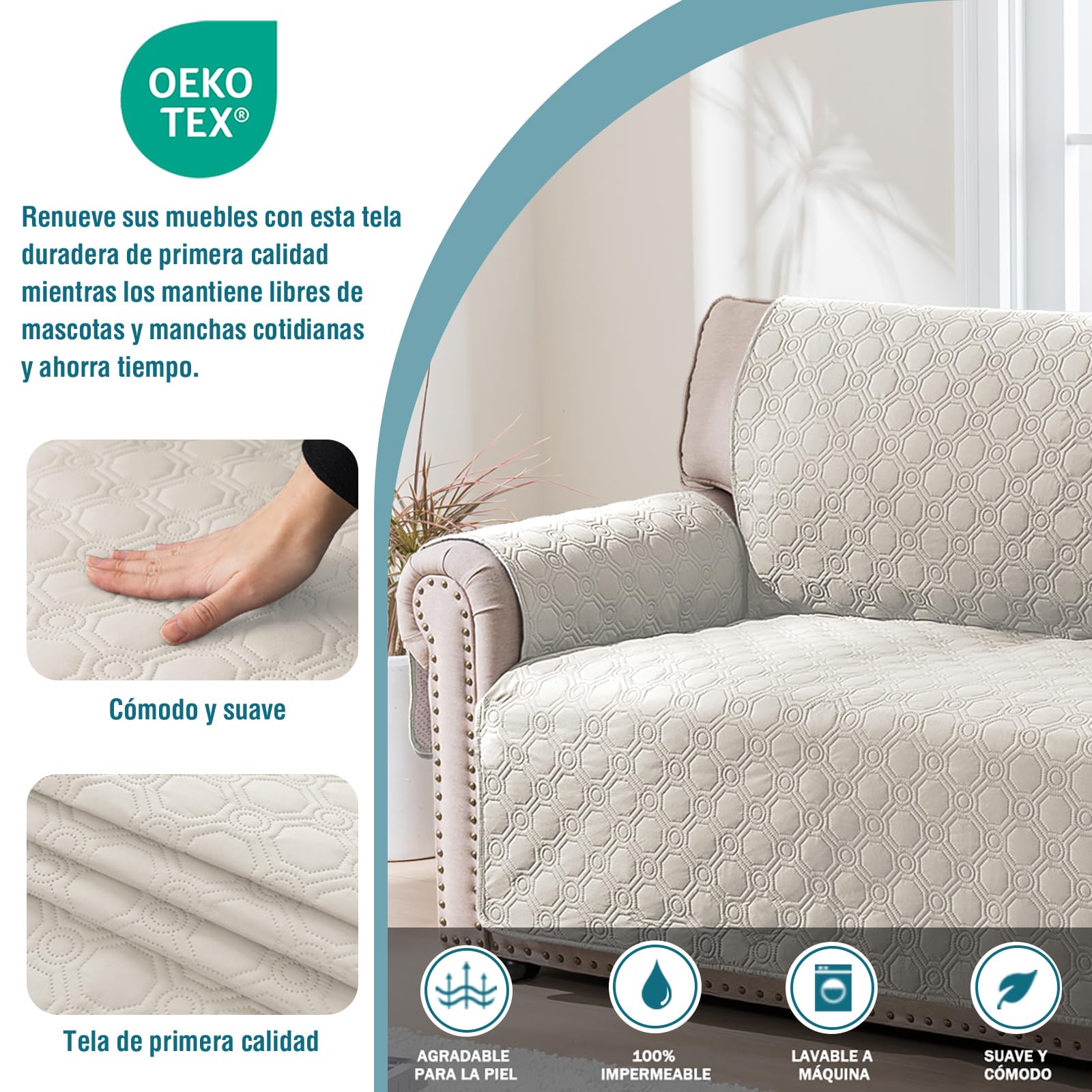 BellaHills Funda Sofa 3 Plazas,100% Funda Sofá Impermeable,Protector para Sofás,con Correas elásticas, para Mascotas Cubre Sofa, Beige