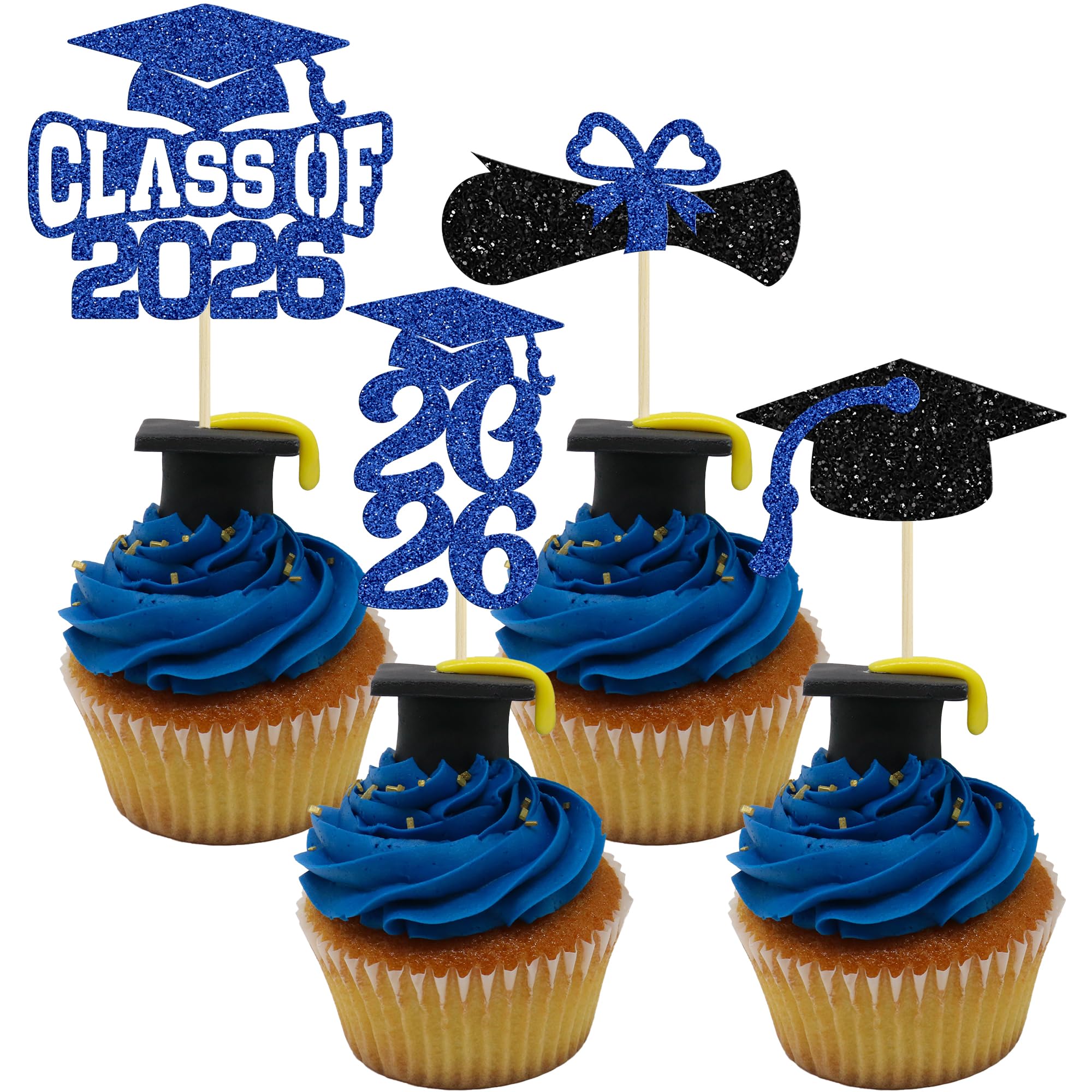 Ephlyn 36Pcs 2026 Graduation Theme Cupcake Toppers Glitter Class of 2026 Cupcake Picks Diploma Grad Cap Cake Decorations for 2026 Graduation Theme Party Supplies Blue