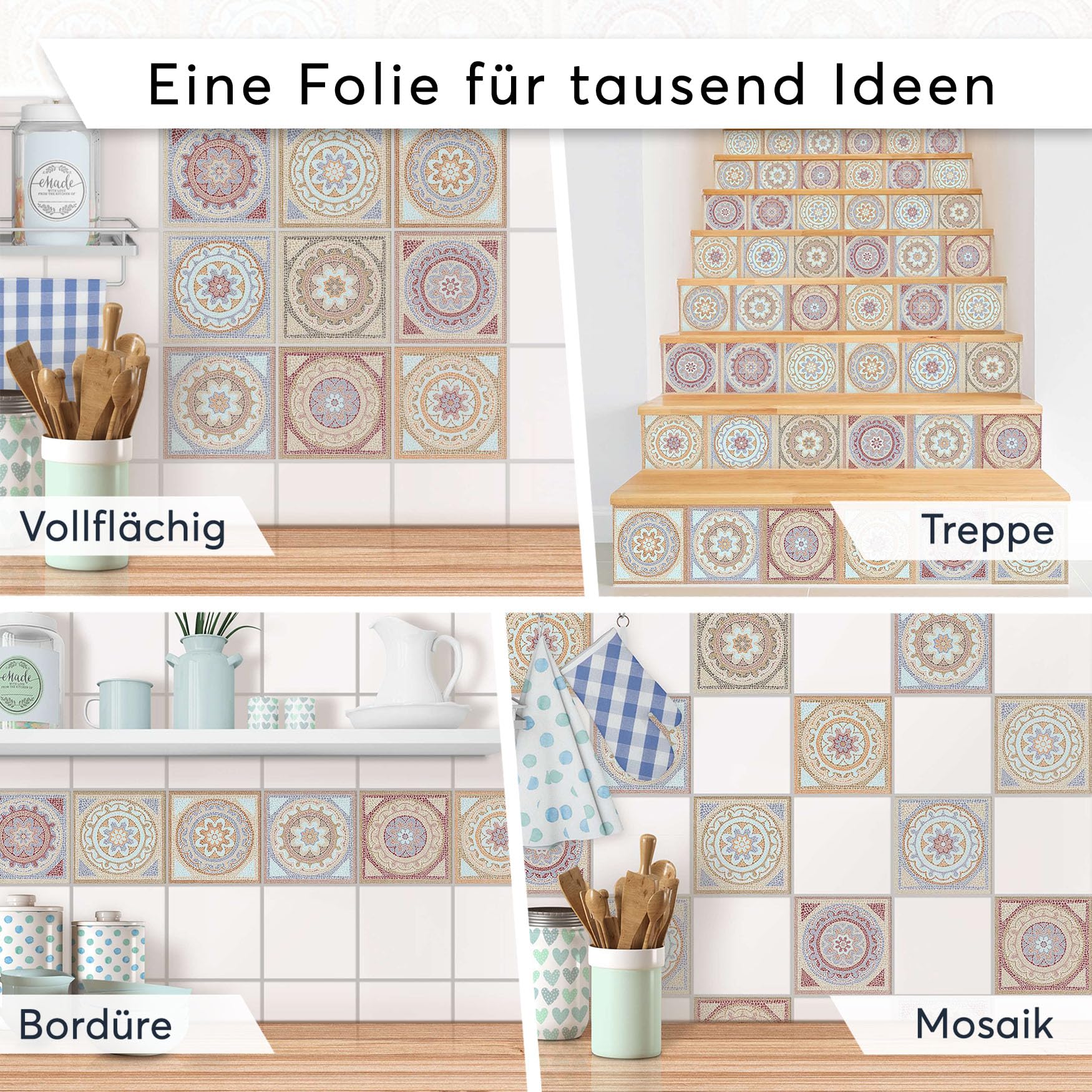 Fliesenmosaik - Fliesenaufkleber I Klebefolie zum Fliesen überkleben I Stickerfliesen für Küchen und Bad-Fliesen I 20x20 cm - Motiv Mosaik Afrika - 18 Stück