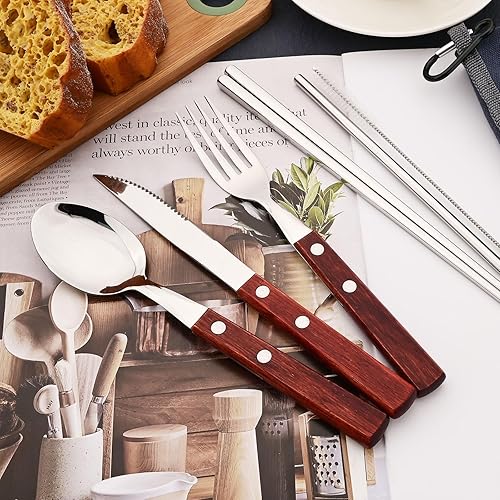 Miniatura 6 de JASHII Juego de cubiertos de acero inoxidable 304 con mango de madera, juego de cubiertos de madera para viaje, cuchillo de campamento, tenedor,