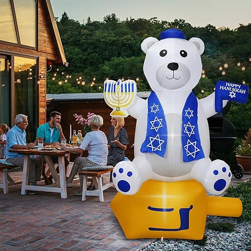 Miniatura 6 de Inflables de Hanukkah de 6 pies para decoración al aire libre, oso sosteniendo una estrella de David y Menorá con luces LED integradas, decoraciones