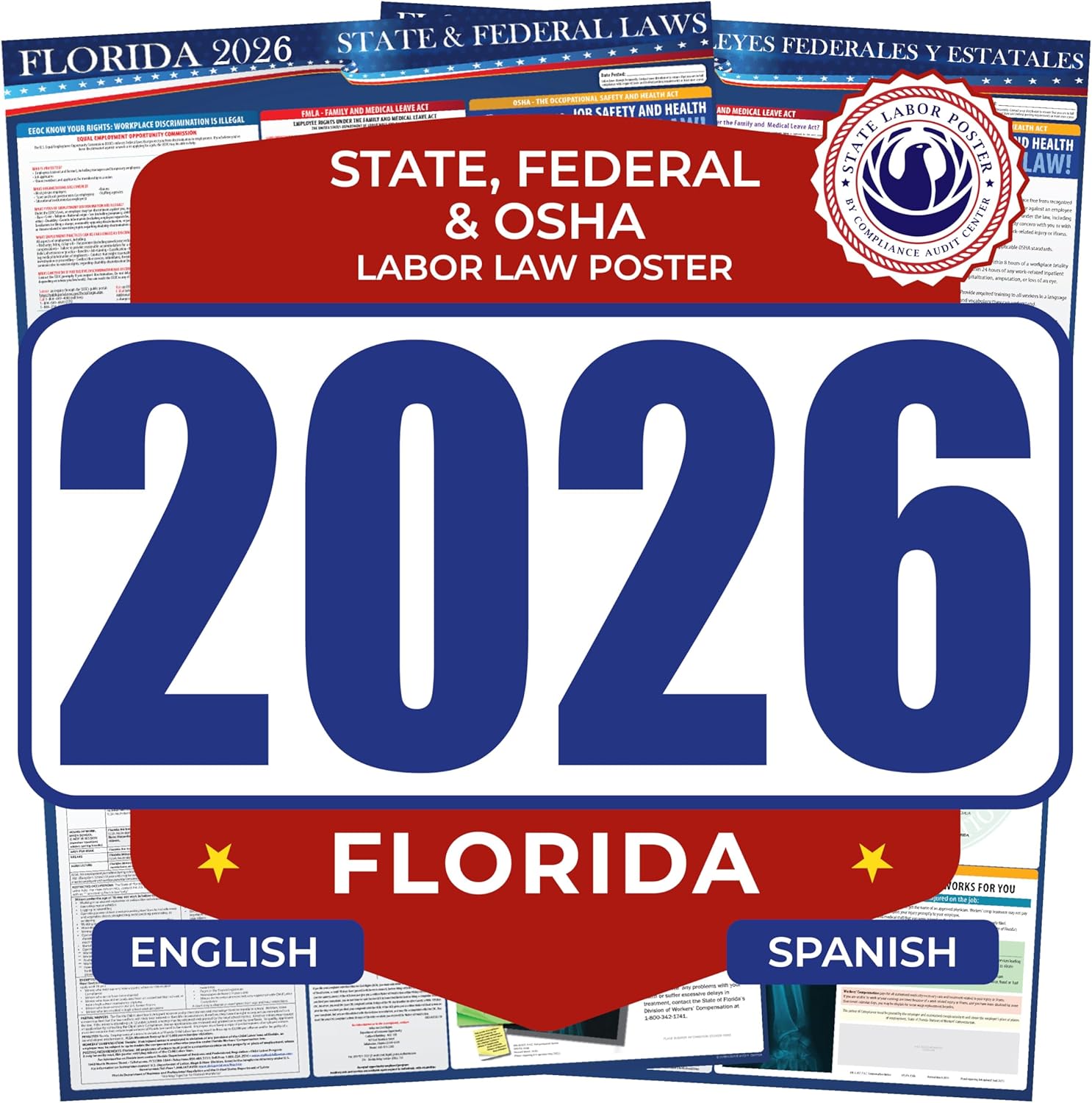 2026 Florida State and Federal Labor Law Poster - English Spanish Combo - OSHA Workplace Compliant - Mandatory Regulations Posting for Employees - All-In-One Required Compliance Posting 17" x 40" Laminated (English Spanish Combo)
