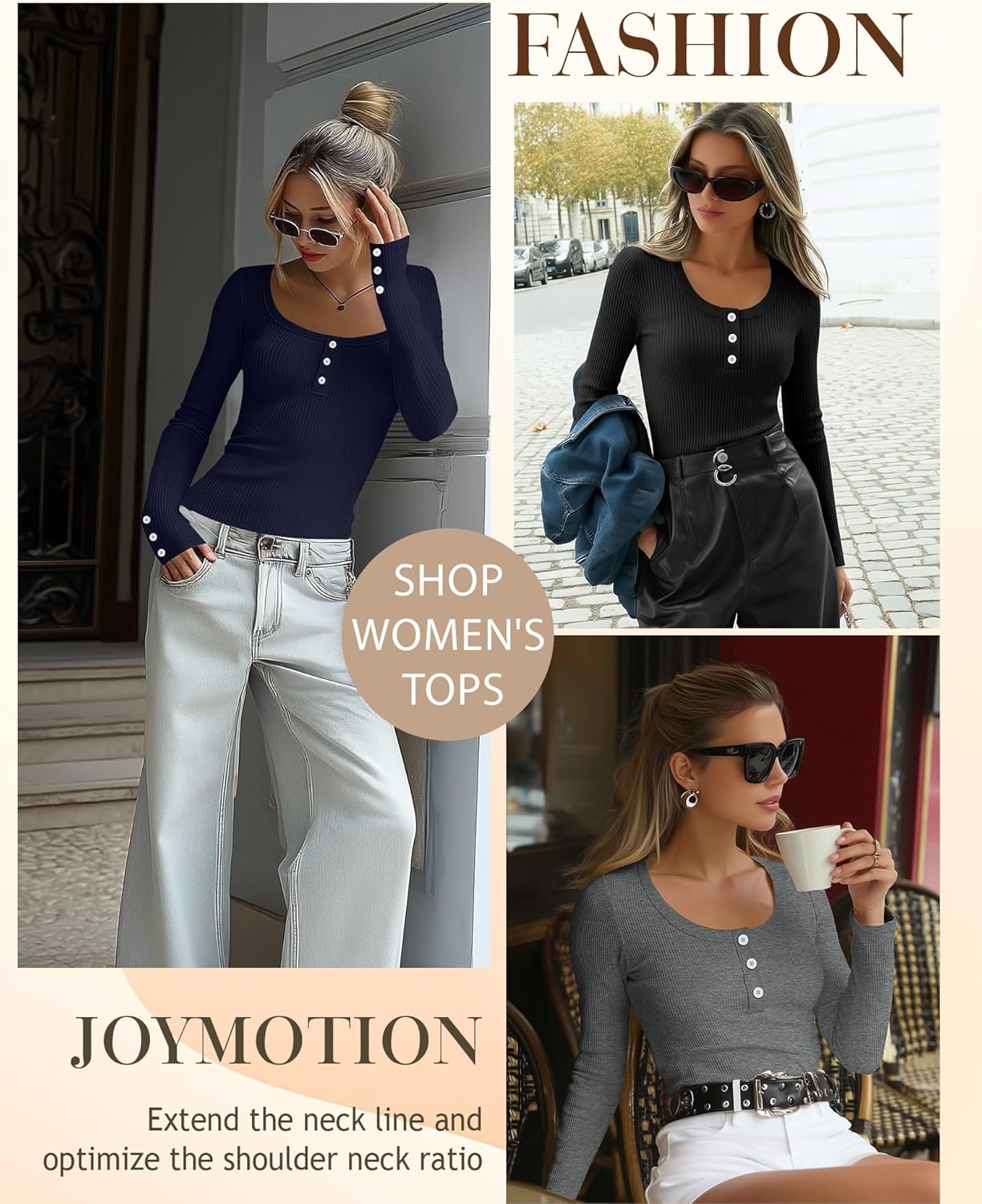 4 Pack Women's Long Sleeve Henley Shirts Button Ribbed Knit Slim Fit U Neck Tops Casual Going out Tee Fall Winter - Image 5