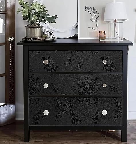 Miniatura 3 de Erfoni Papel tapiz negro para despegar y pegar, papel de contacto con estampado floral negro en relieve, 17.7 x 78.7 pulgadas, papel tapiz de flores