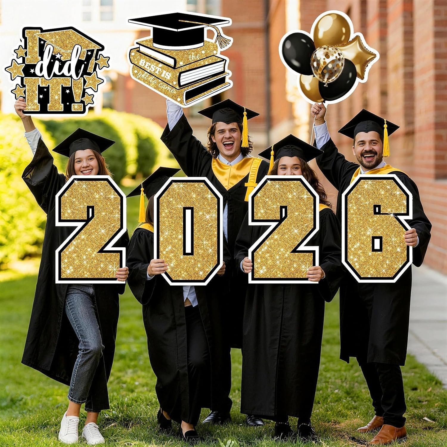 Graduation Yard Signs Class of 2026 Decorations, 11PCS Black Gold Congrats Grad 2026 Lawn Sign Large Yard Decor with Stakes for Outdoor Senior High School College Garden Prom Send Off Party Supplies