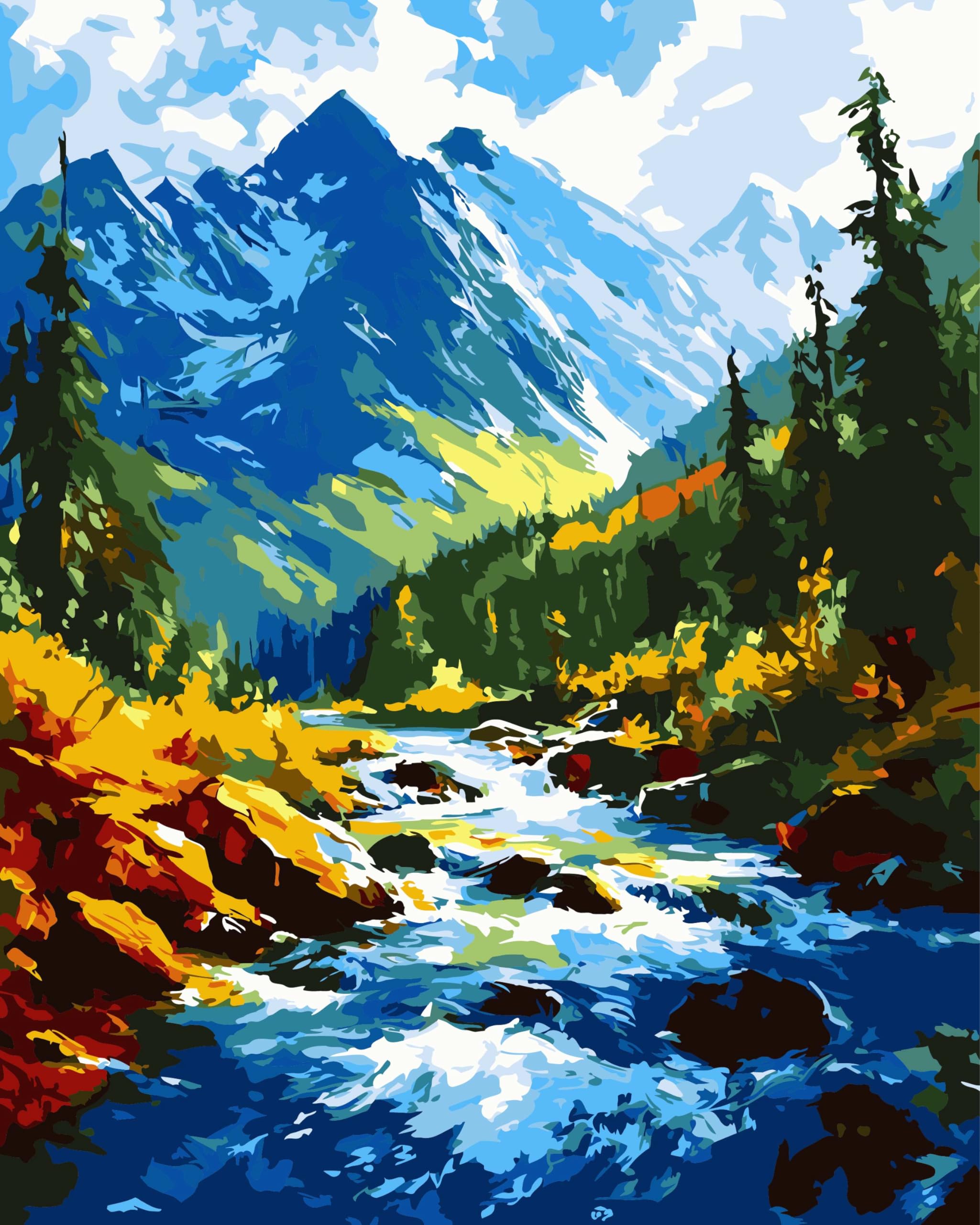 Yunnuo Paint by Numbers Kit DIY Abstract Landscape, Forest Path Digital Oil Painting, Mountain Number Panting Acrylic Paints for Home Wall Art Decor (Tree&Lake, 16 x 20 in)