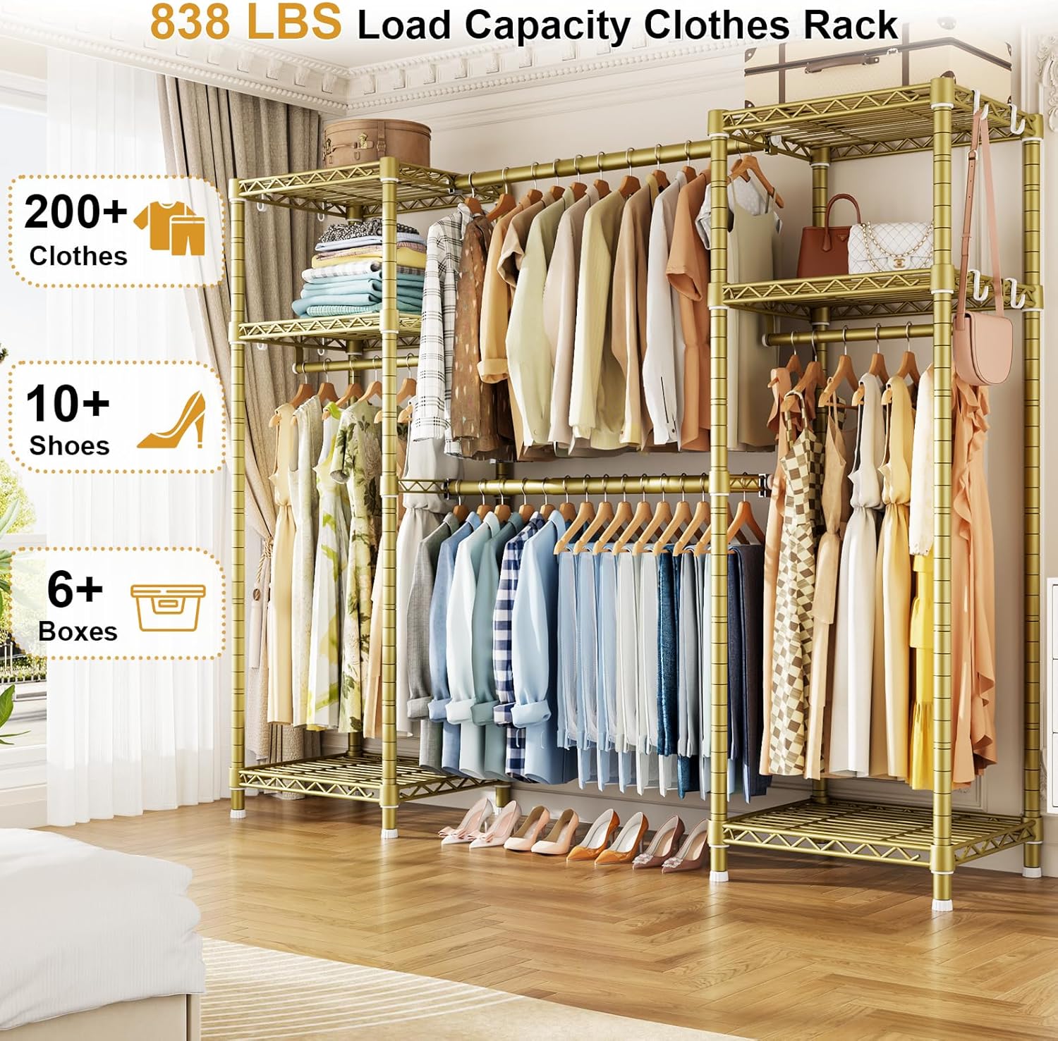 Ulif E7 Garment Rack, Heavy Duty Clothes Storage System with Extendable Hangers Rods, Metal Clothing Rack with 6 Wire Shelves, (52.3"-72") W x 14.5" D x 71.2" H, Load 838lbs, Gold