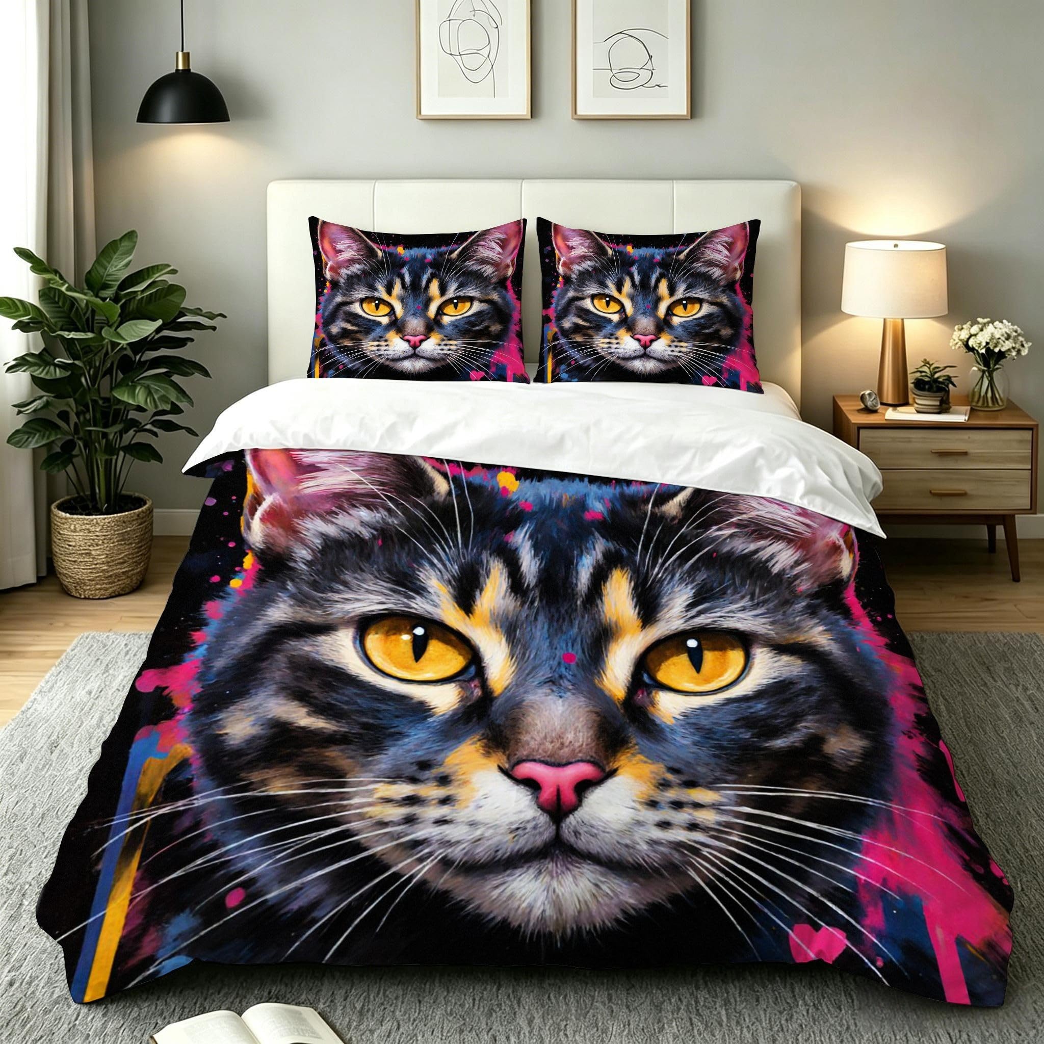 Parure de lit chat 160x200 cm avec housse de couette microfibre et taies d'oreiller