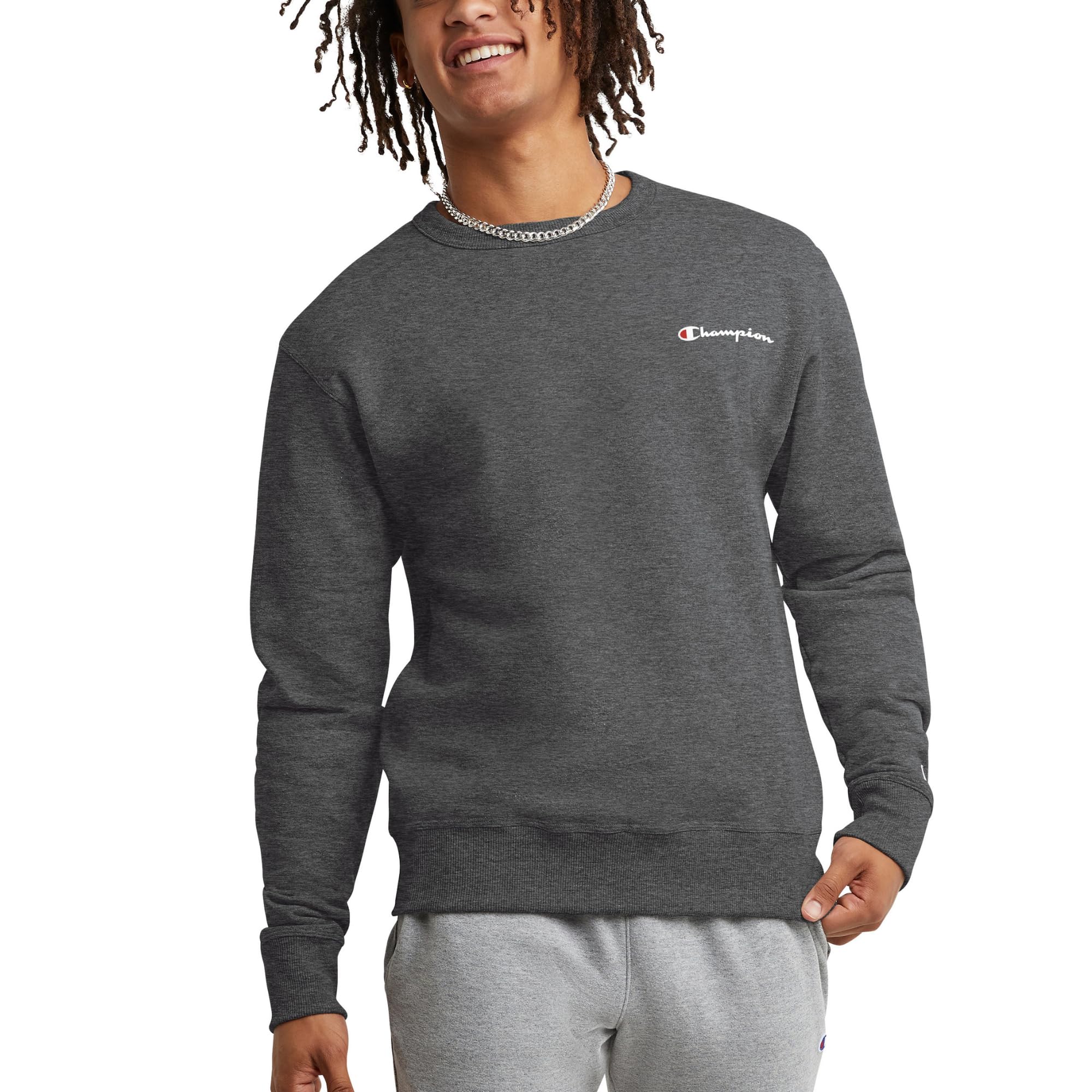 Champion Men's Crewneck, Powerblend Fleece, Hoodie Sweatshirt Logo (Reg. Or Big & Tall), Granite Heather Small Script, L
