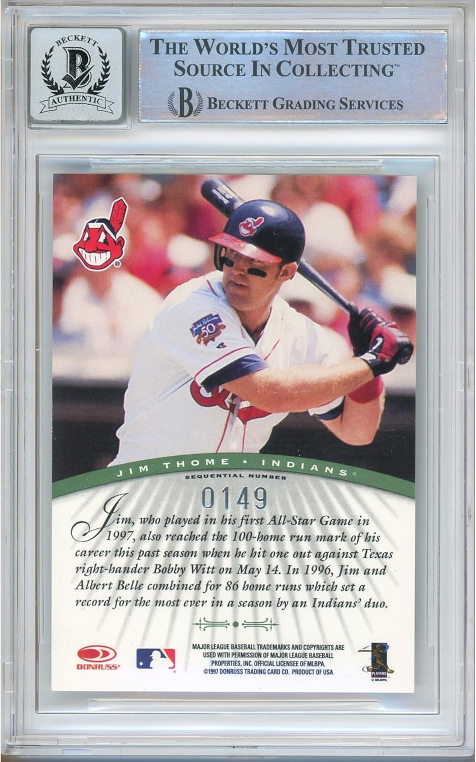 Jim Thome Signed 1997 Donruss Signature Millennium Marks #120 Baseball Trading Card Beckett BGS Auto 10 Graded BAS Authentic Slabbed COA Played For Cleveland Indians Autograph Memorabilia