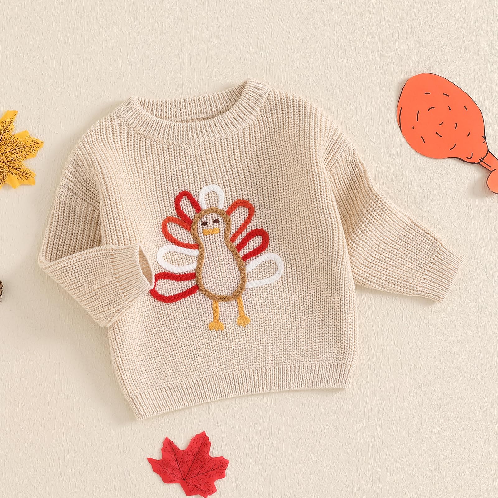 Nibbcoa Kids Toddler Thanksgiving Sweater Boys Girls Gobble Turkey Embroidery Long Sleeve Knit Sweatshirt Pullover Sweaters (Beige, 2-3 Years)