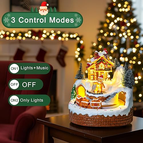 Miniatura 3 de Figuras animadas musicales de pueblo navideño, edificio de casa de jengibre y hombre de jengibre con tren, luces LED y música, funciona con batería