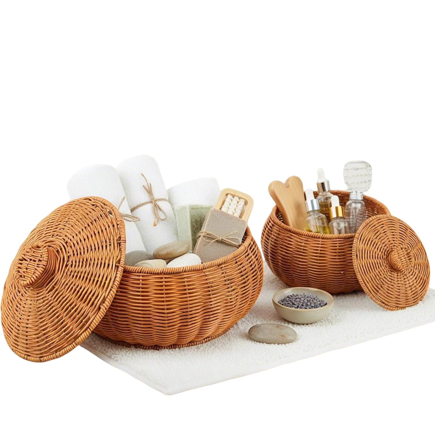 2-Pack Imitation Rattan Baskets with Lids Round Wicker Baskets for Bathroom Organizer Bins for Toiletries Towels Bath Bombs