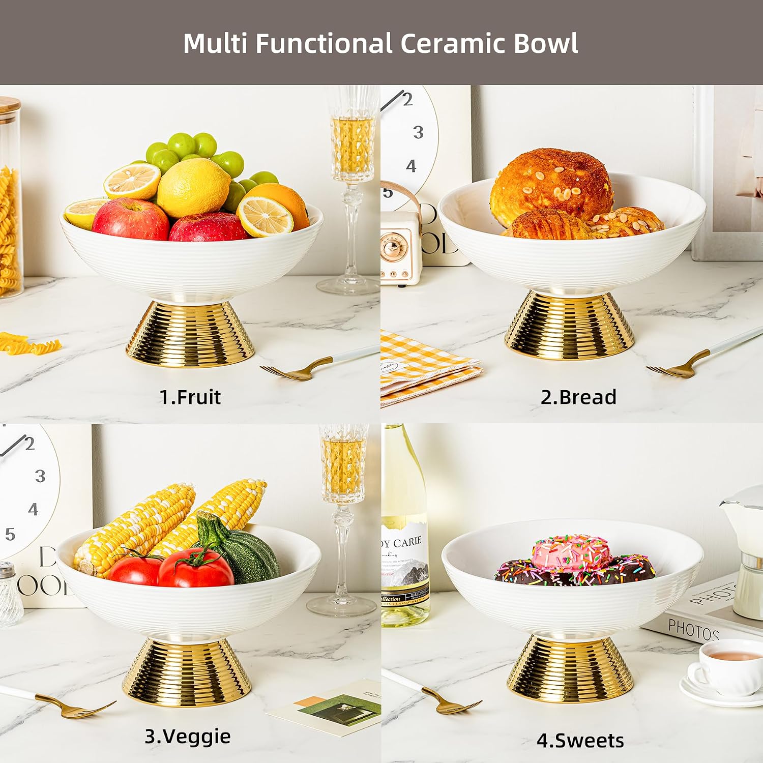 Ceramic Fruit Bowl,10-Inch Large Decorative Bowls,Pedestal Tray with Gold Base for Kitchen Counter, Bread and Fruit Trays,Salad or Dessert Display Trays for Parties. (white)