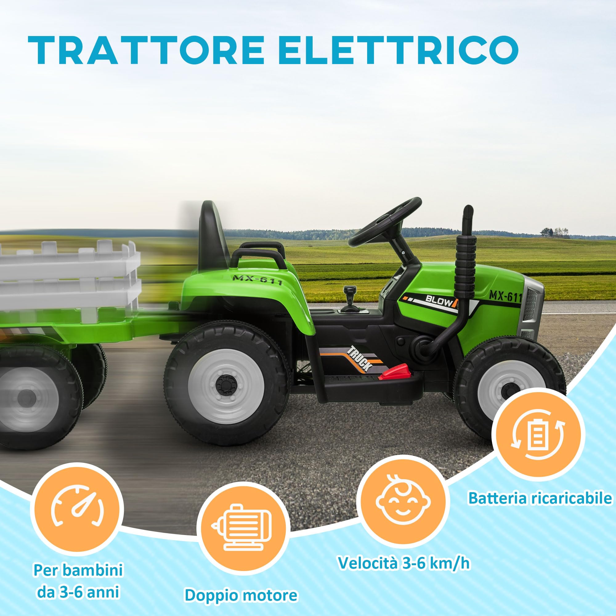 HOMCOM Trattore Elettrico per Bambini Rimorchio Rimovibile 3-6 Anni Verde | Batteria 12V Ricaricabile con Telecomando, Porta USB, Musica Preinstallata e Luci