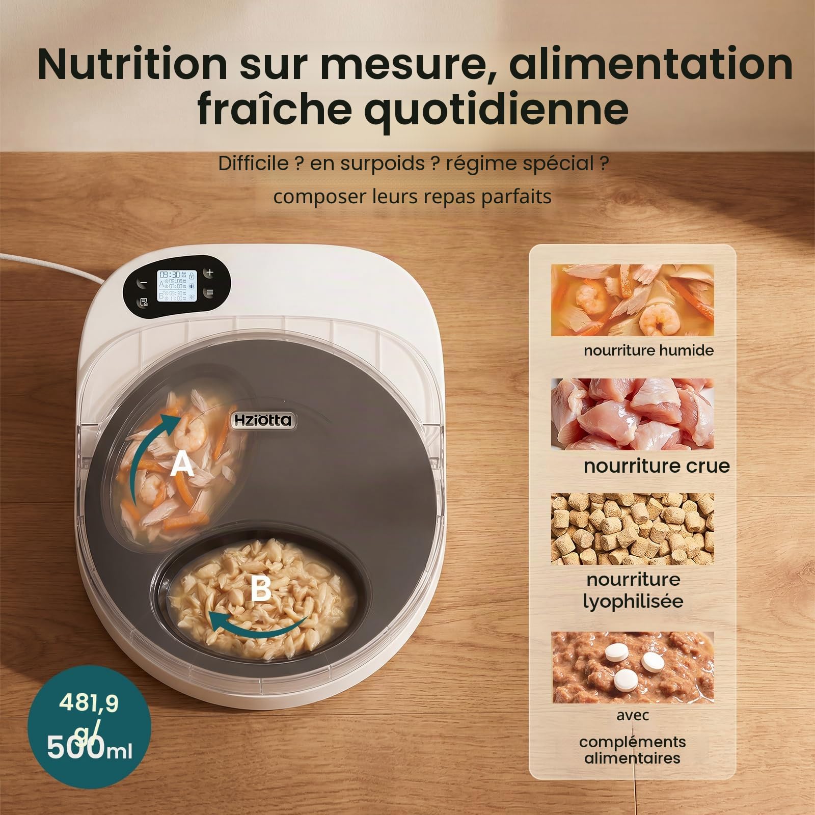 Mangeoire Automatique pour Chat avec Refroidissement, Pas de Packs réfrigérants, fraîcheur 48 h, pour Nourriture Humide et sèche, minuterie pour contrôle des portions, Heures de Travail et