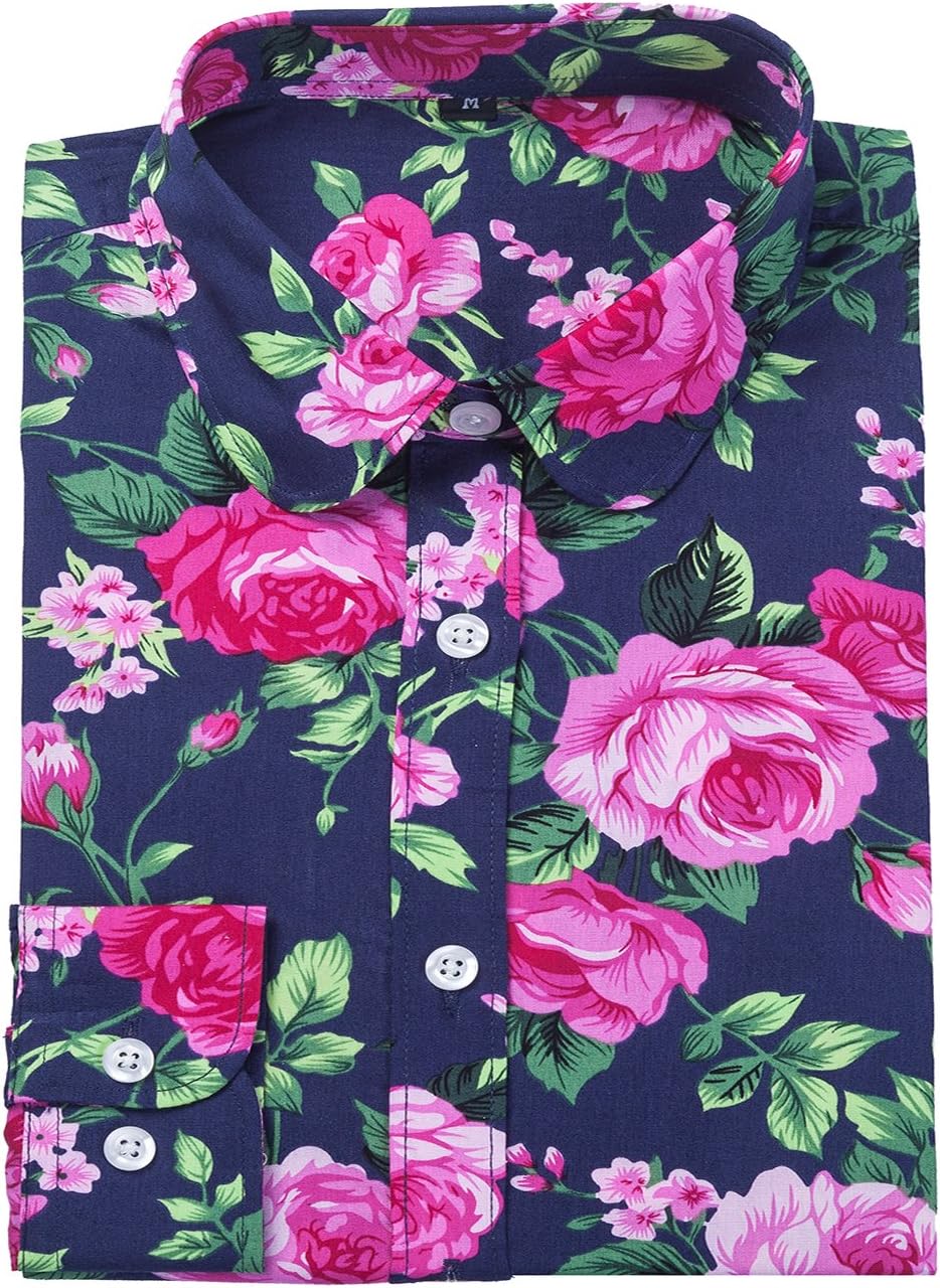 Women's Fashion Floral Button Down Long Sleeve Shirt Casual Blouse (Medium, Navy Blue Fuchsia)