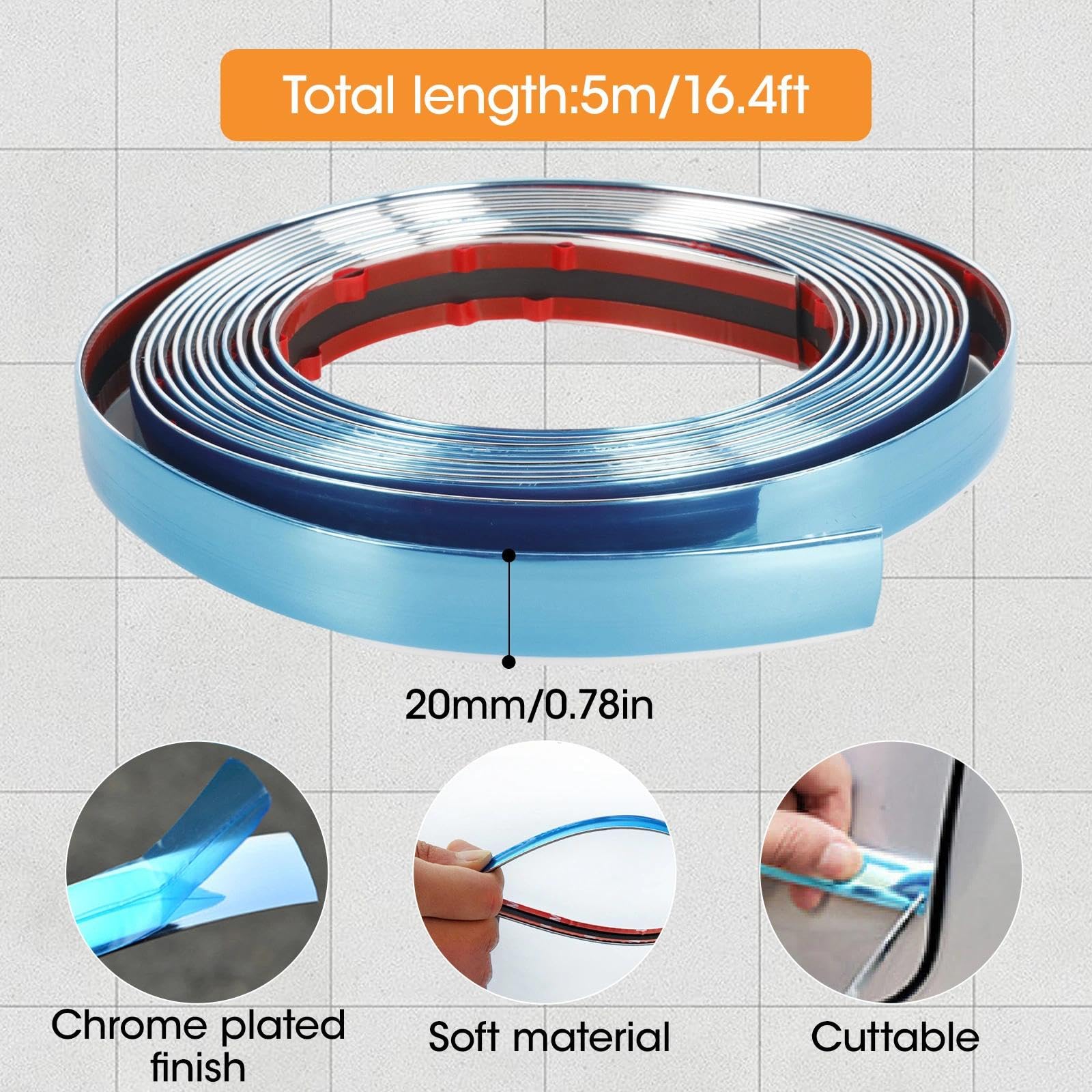 Striscia Adesiva Cromata 20mm x 5m PVC Autoadesivo Argento Brillante per Auto Finestrini Porte