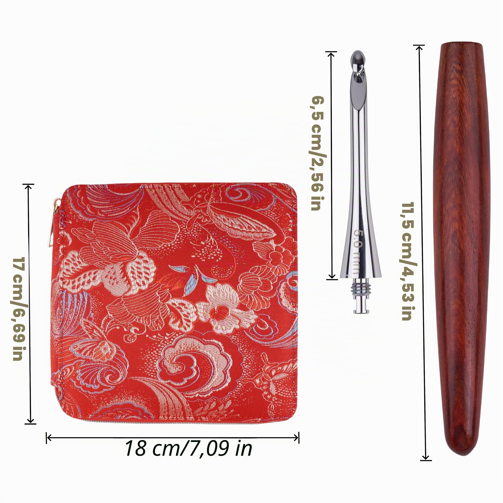 Austauschbares ergonomisches Häkelnadel-Set, Inline-Anfänger-Häkelnadel-Set, glatter Griff, Holzgriff mit rotem Etui für arthritische Hände, 9 Größen, 3,5 mm - 8 mm | Leichtes Häkelnadel-Set, glatter Metallhaken, Häkelnadeln für arthritische Hände, Anfäng