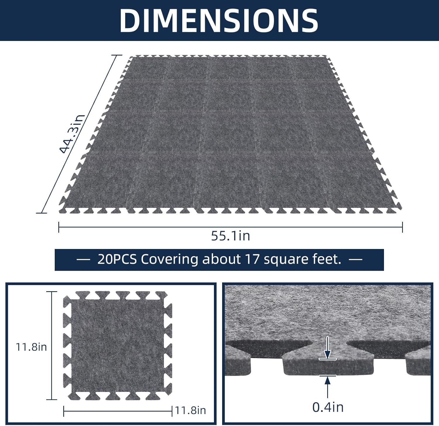 20 Pieces Sound Absorbing Interlocking Floor Mats, 11.8 x 11.8 x 0.4 inches High Density Felt Soundproof Pads Non-Slip Anti Vibration Puzzle Acoustic Blankets Piano Carpet Drum Rug, Gray