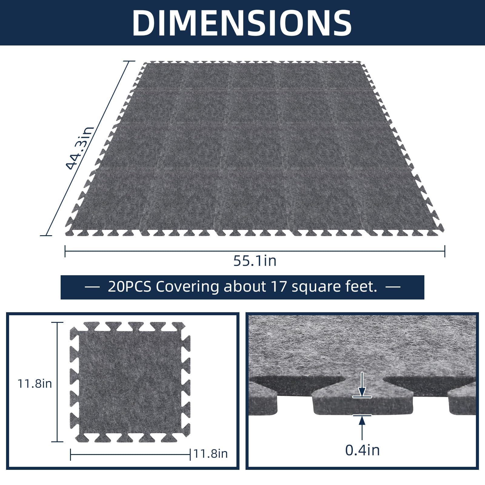 Lot de 20 tapis de sol imbriqués insonorisants en feutre haute densité, antidérapants, anti-vibrations, pour studio d'enregistrement, 20 x 30 x 10 cm, gris