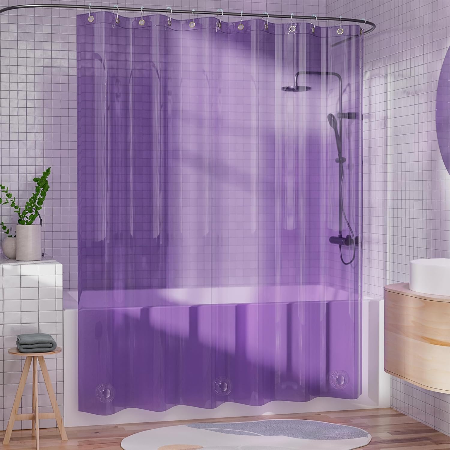 AmazerBath Purple Shower Curtain Liner Luxury, EVA Soft Clear Heavy Duty Shower Curtain and Liner 2-in-1, 72x72 Plastic Weighted Bathroom Liner, 12 Rustproof Grommets & 3 Heavyweight Stones