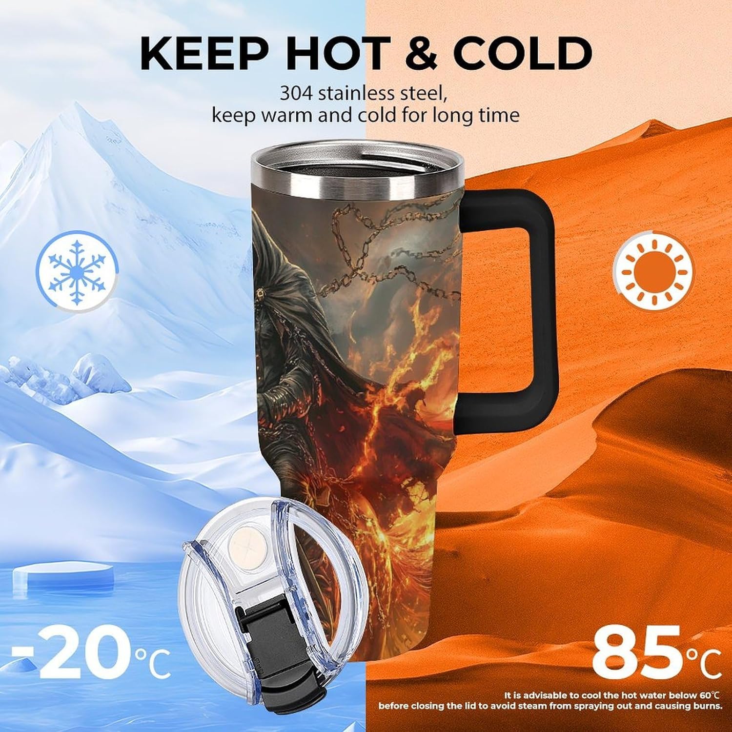 Grim Reaper in Horse Flames 40 Oz Tumbler with Handle And Straw Insulated Stainless Steel Travel Coffee Mug Car Cup