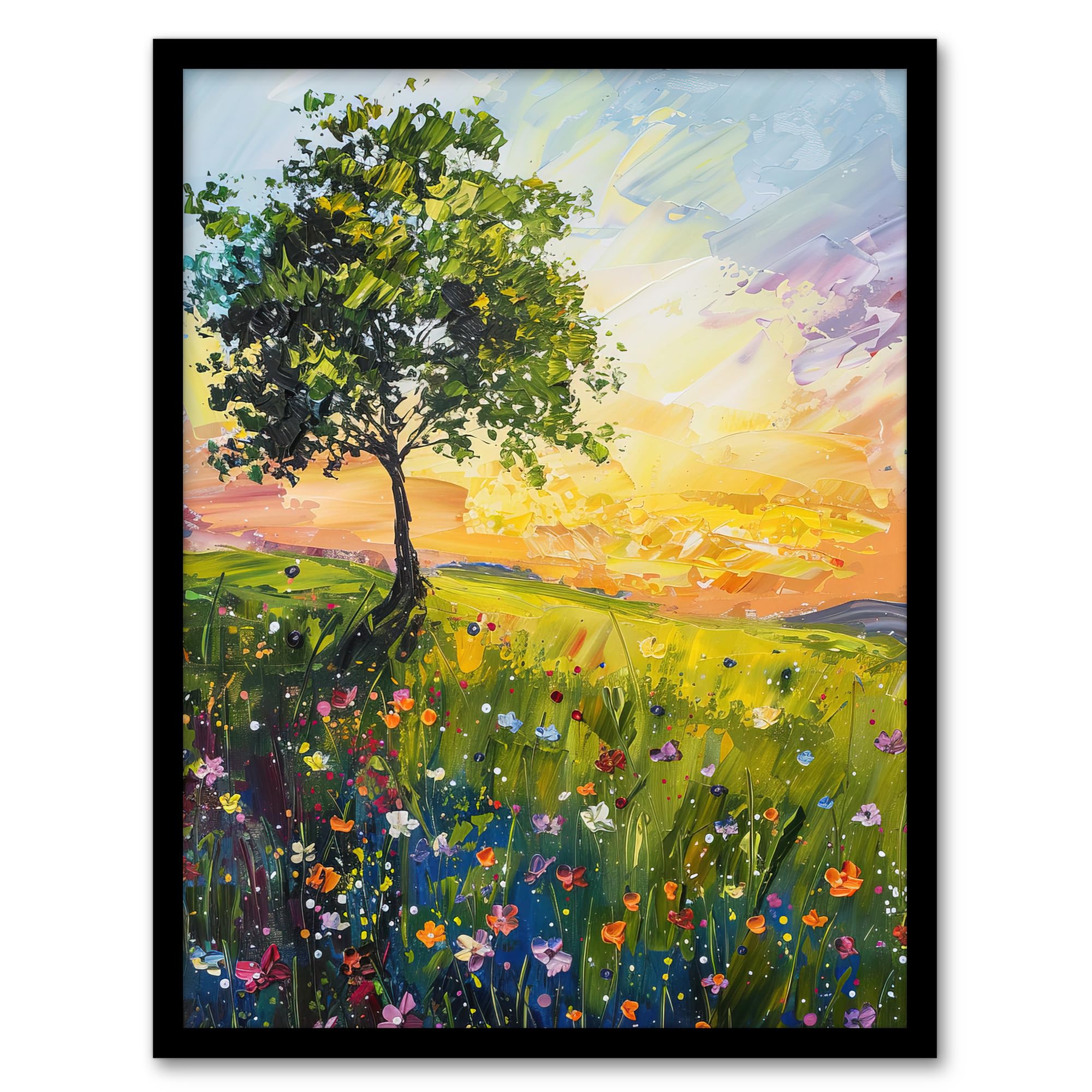 Tree Wildflower Meadow at Sunrise Oil Painting Wall Art Poster Print