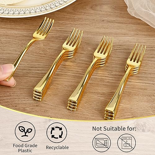 Miniatura 4 de Mini tenedores dorados de 4 pulgadas (100 unidades) desechables de plástico para aperitivos de cóctel, tazas de postre, tabla de embutidos,