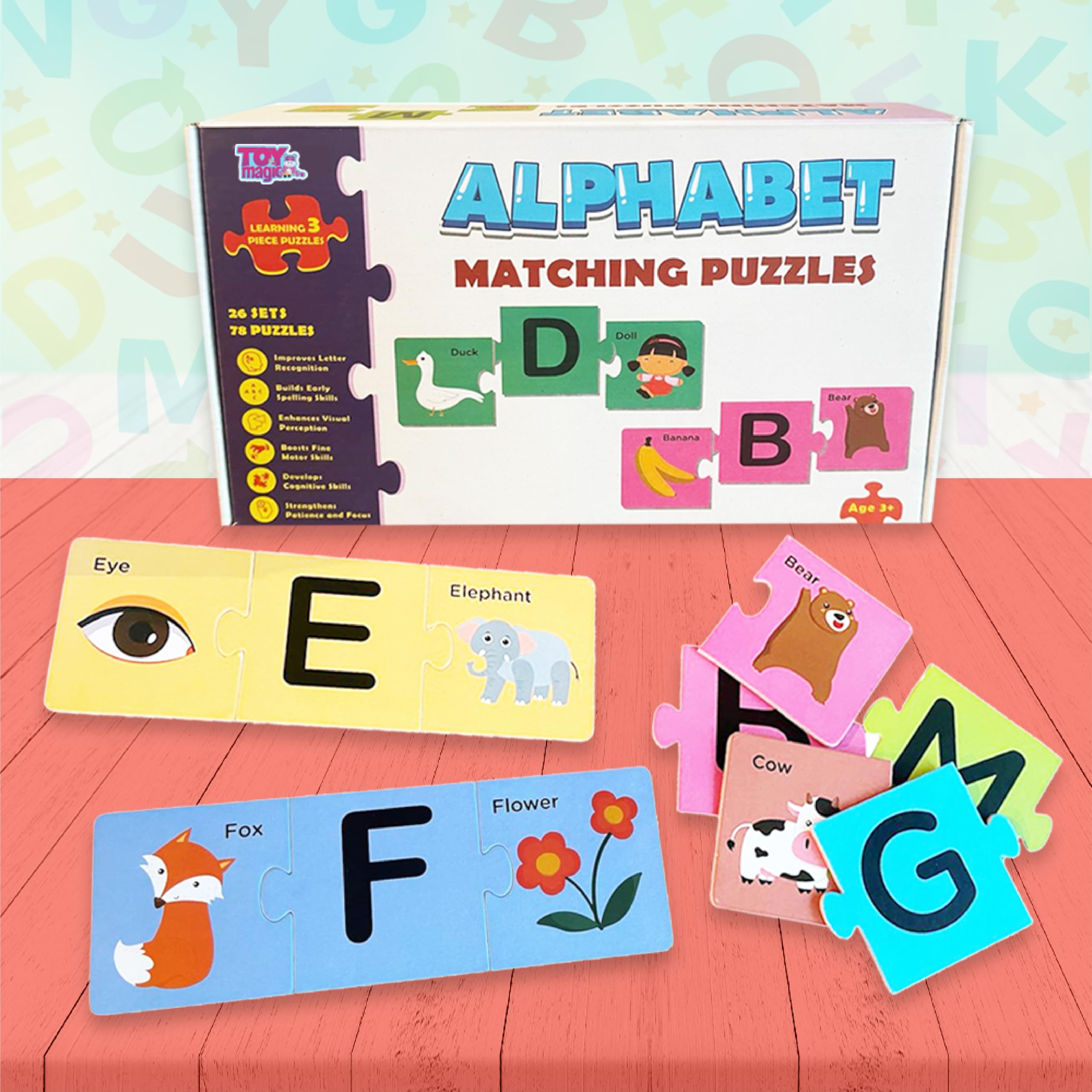 ToyMagic Alphabet Matching 26 Sets Puzzle 78 Pcs | Jigsaw Puzzle for Preschoolers | Educational Toy for Learning ABCs & Letters | Gifts for Kids Ages 3–6