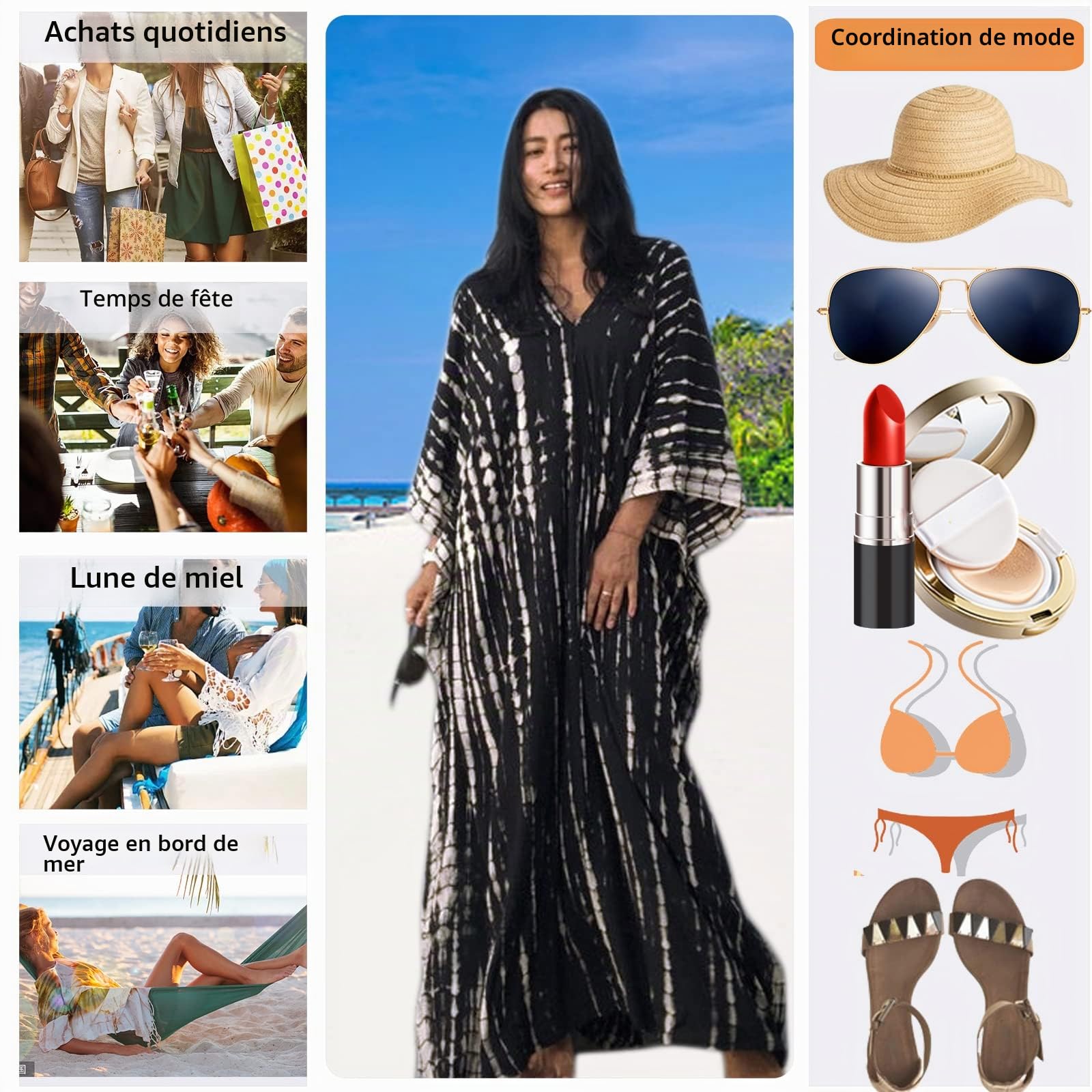 Femmes Robe de Plage Femme Longue Boheme Robe Maxi Fleur Kimono Bikini Cover-Up, Caftan Kaftan Pareos, Taille Unique