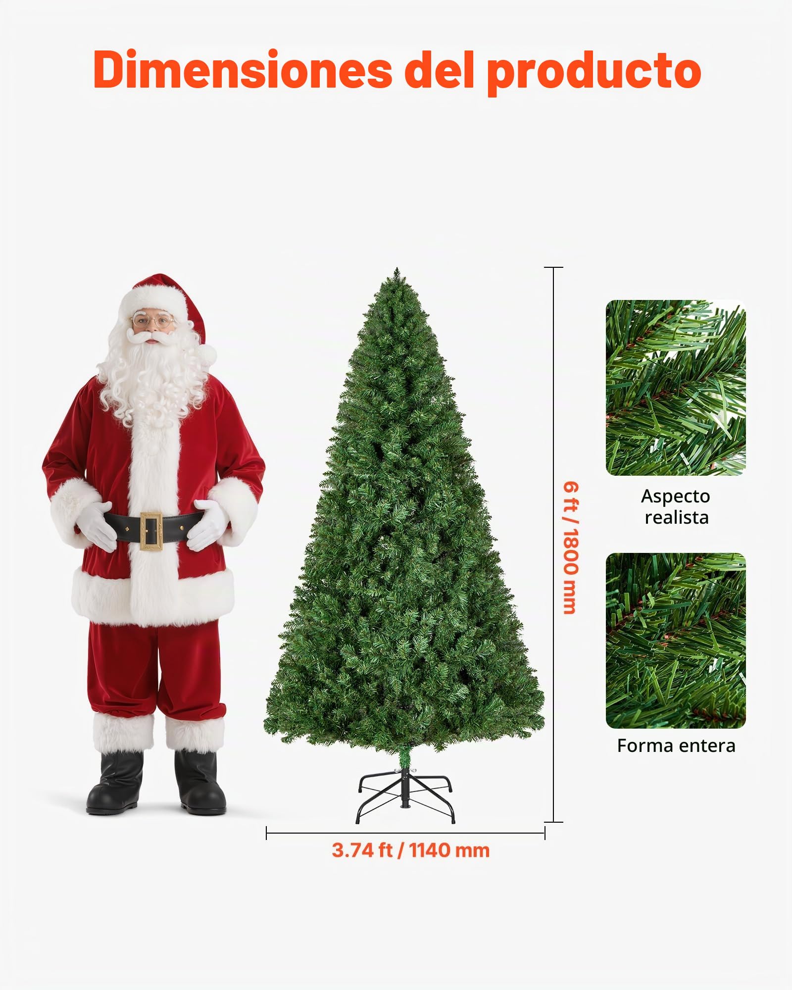 VEVOR Árbol de Navidad Artificial, Decoración de Interiores 180 cm con 1250 Ramas de PVC Ignífugo y Base de Metal, Ideal para Salón, Dormitorio, Centro Comercial, Parque y Oficina, Verde