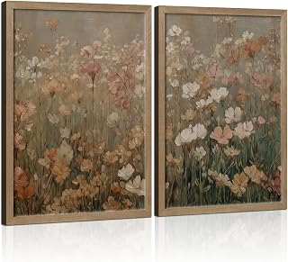 Framed Vintage Canvas Wall Art Modern Floral Poster Picture Countryside Painting Nature Landscape Contemporary Home Print Living Room Gallery Office Ready to Hang 16x24 Inch x2