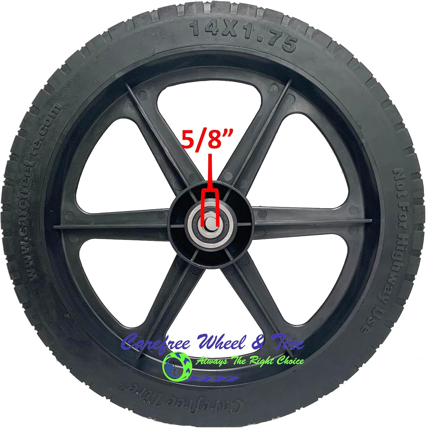 14x1.75 Carefree Wheel For Lawn & Garden Carts and Other Applications. Chose Bearing Size (With 5/8" Bearings)