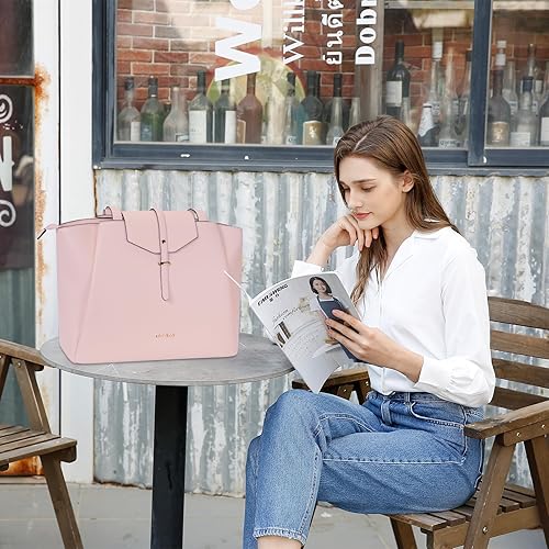 Miniatura 8 de MOSISO Bolsa de mano para laptop para mujer, 15.6 pulgadas, piel sintética, bolsa de trabajo para laptop con hebilla de solapa y bolso de mano,