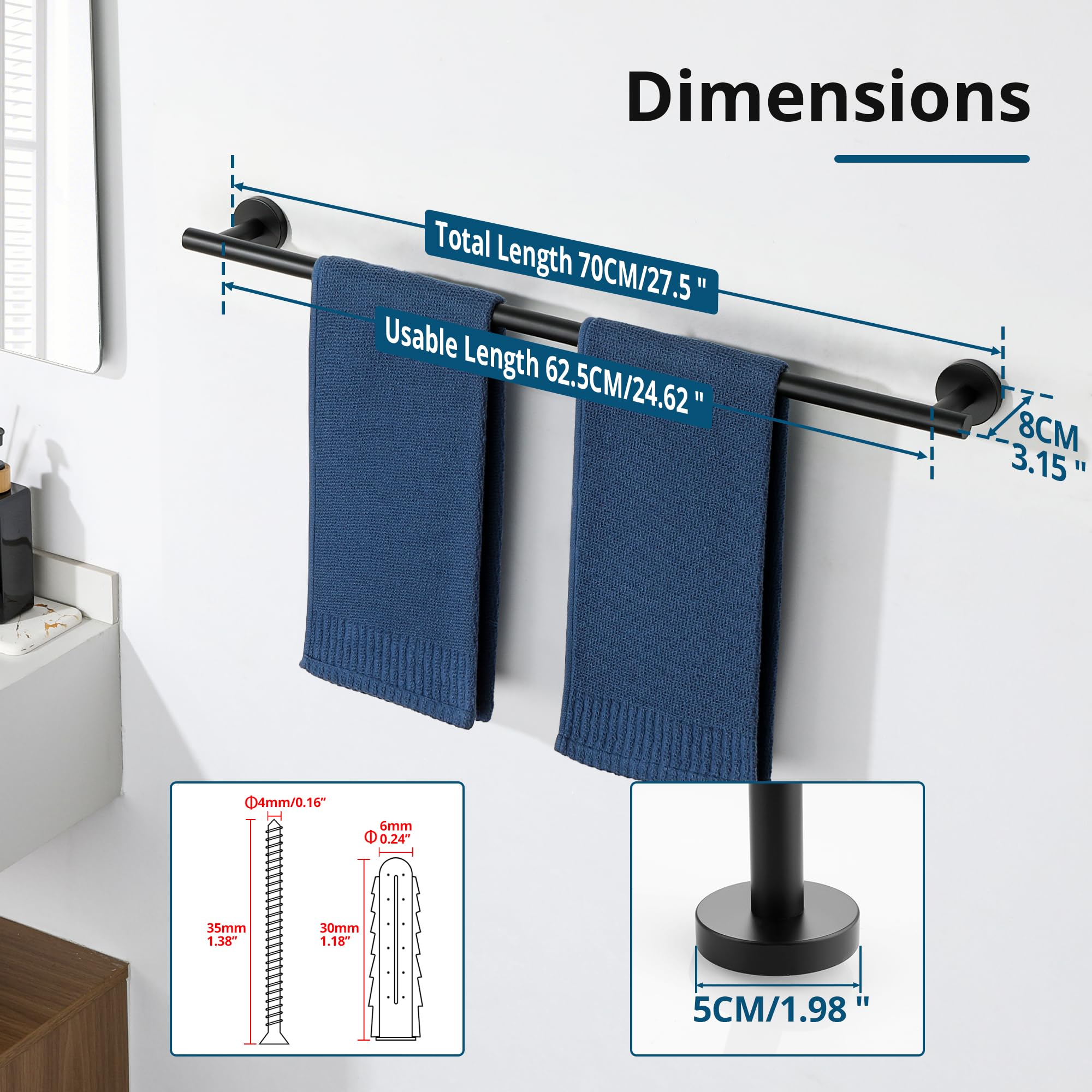SAYAYO 70CM Porte Serviette Mural Salle de Bain en SUS304 Acier Inoxydable, Robuste Support Barre Sèche Serviette avec Tube Épaissi pour Cuisine, Installation par Perçage, Noir Mat