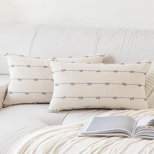 Juego de 2 fundas de almohada bohemias de 12 x 20 pulgadas, modernas fundas de cojín decorativas de lino natural, fundas de almohada neutras para